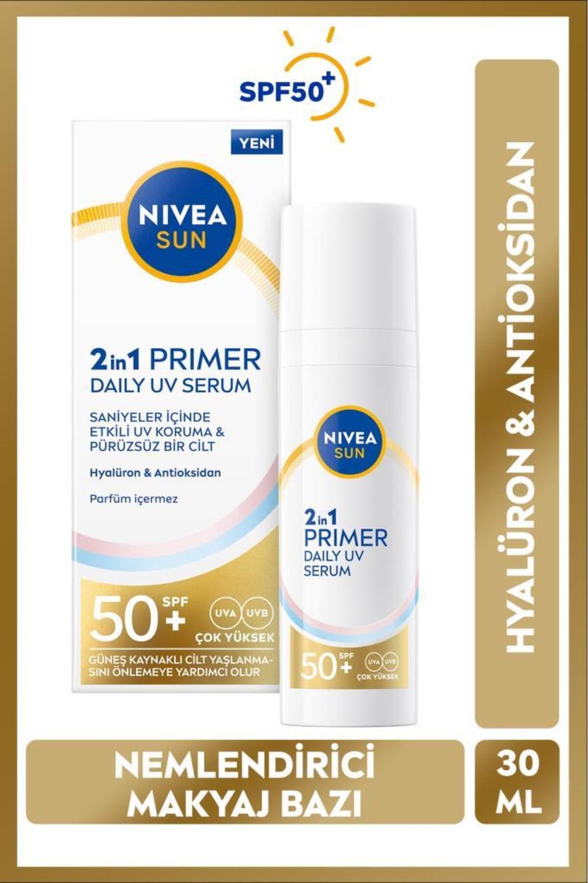 NIVEA SUN SPF50 Primer Nemlendirici Makyaj Bazı 30ml,Uzun Süreli Makyaj,Hyaluron, Antioksidan