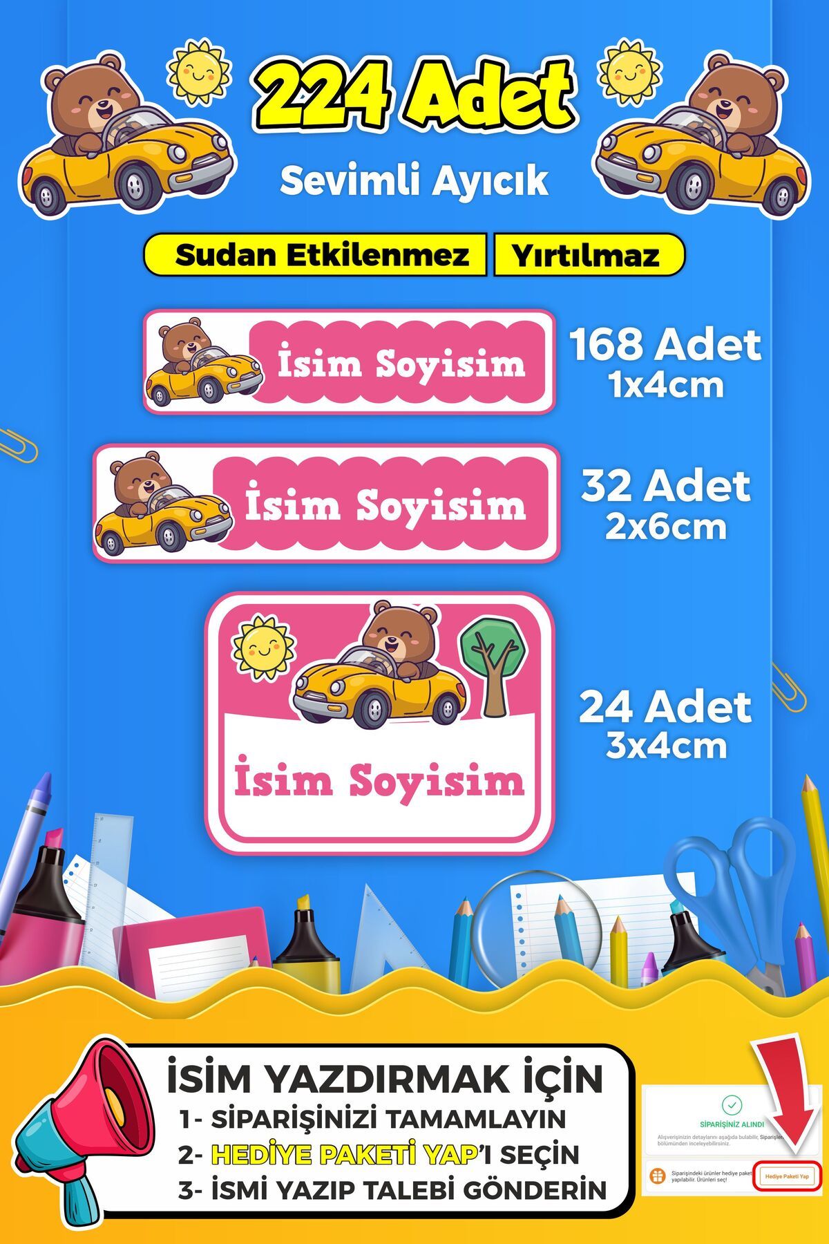 SB store Sevimli Yarışçı Temalı Okul Kreş Kişiye Özel İsim Etiket Seti - Model 272