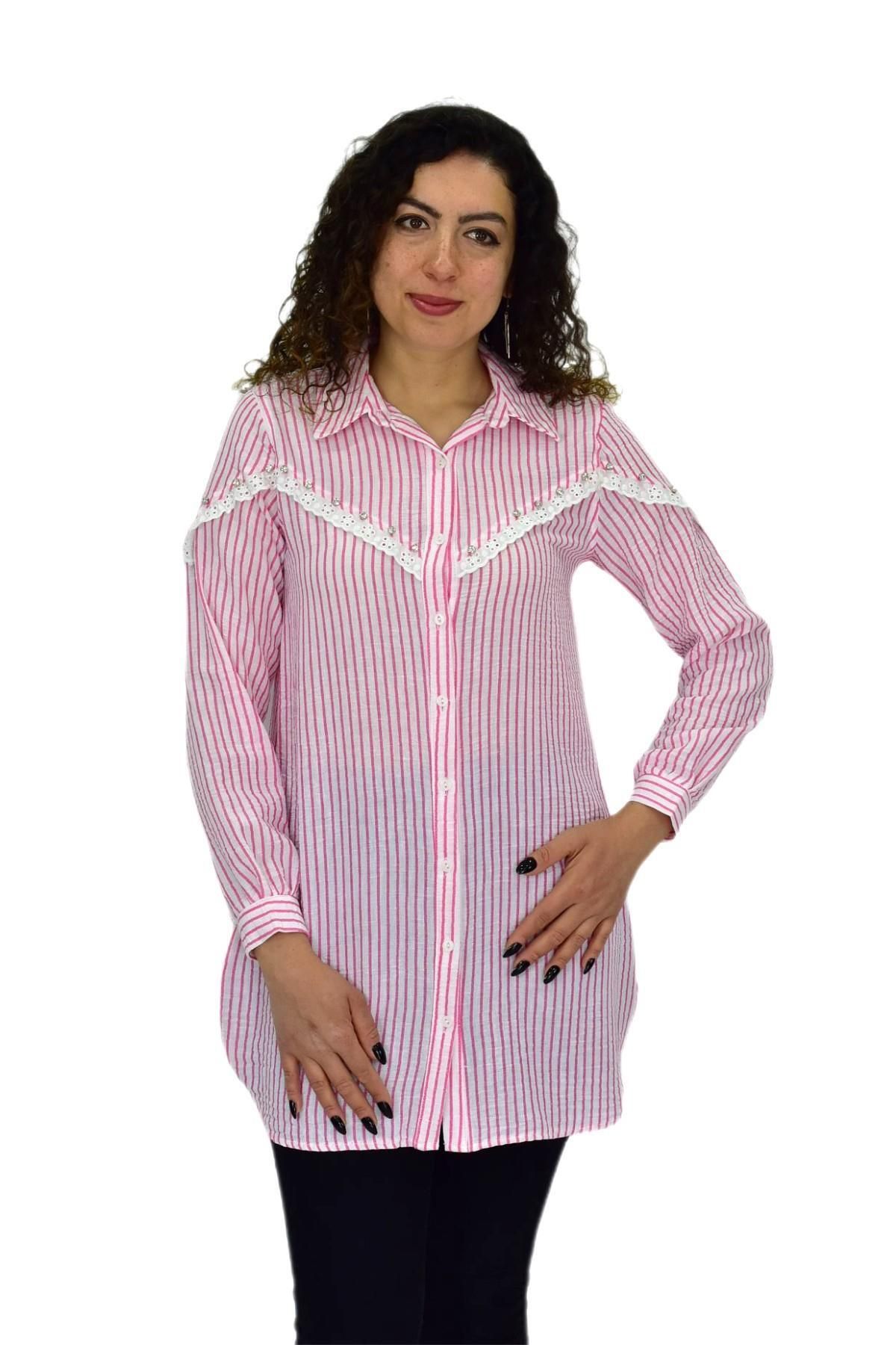 HİSSET Kadın Çizğili Keten Gömlek BGL-ST03706