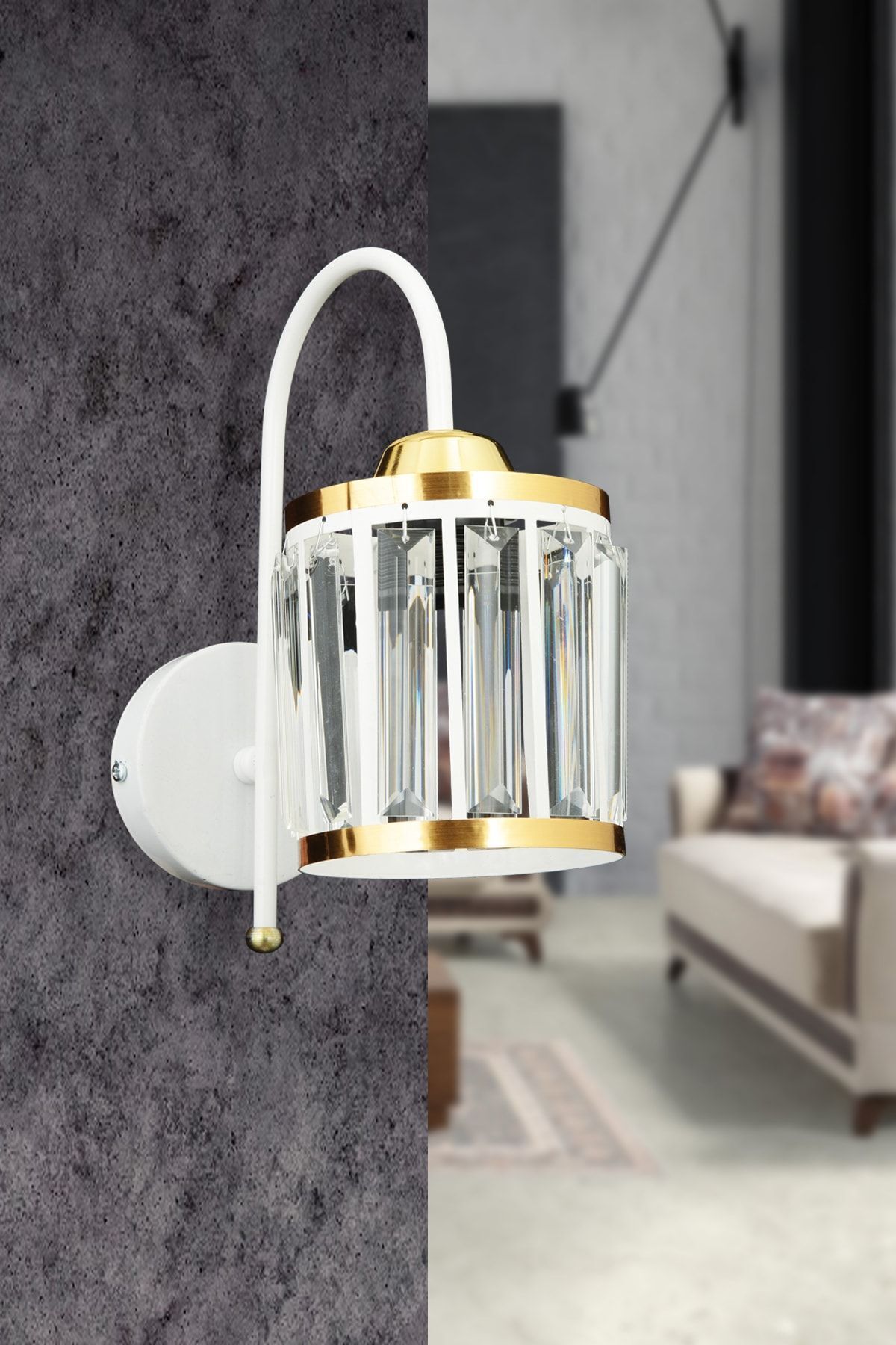 SerenityHaven Beyaz Baston Kristal Taşlı Sarı Şeritli Silindir Aşağı Bakan Modern Aplik