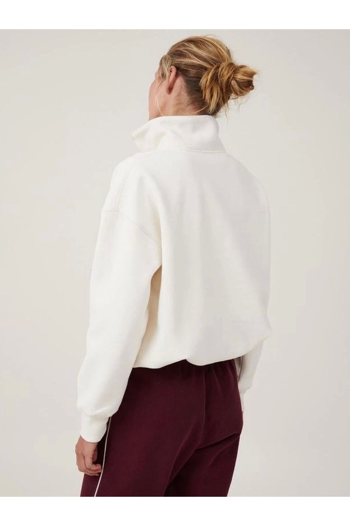 POLEXP Yarım Fermuarlı Beyaz Oversize Sweatshirt
