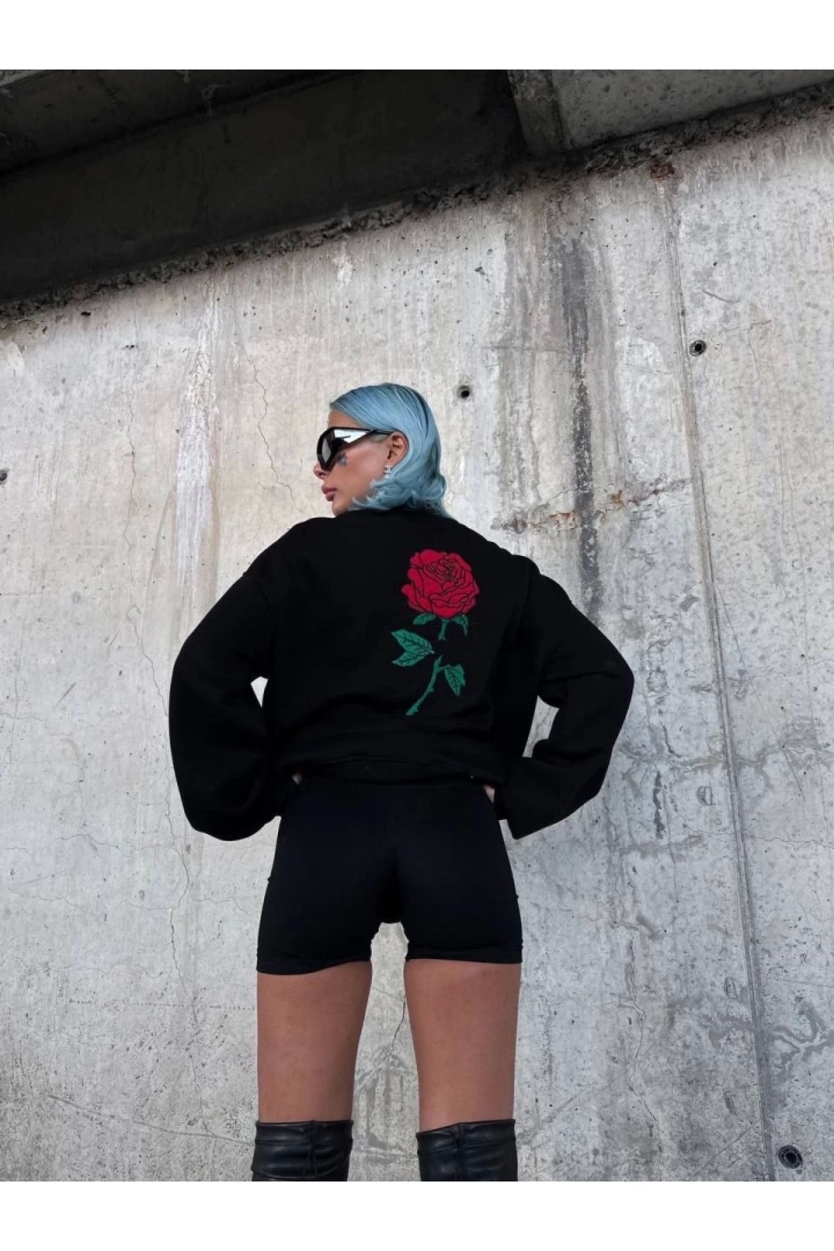 POLEXP Oversize Üç İplik Bisiklet Yaka Baskılı SweatShirt - Siyah