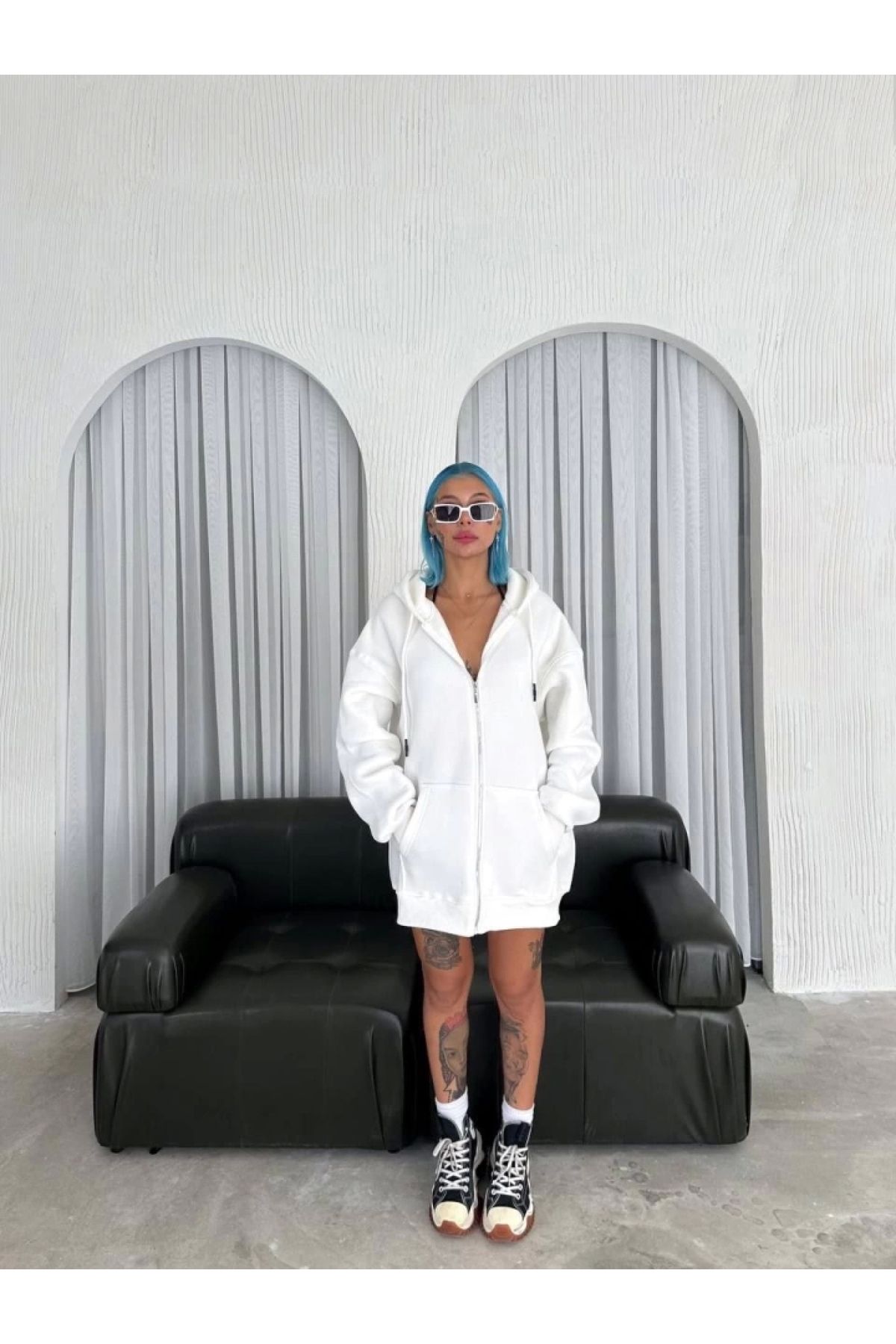 POLEXP Elegan Beyaz Oversize Fermuarlı Uzun Kol Hırka