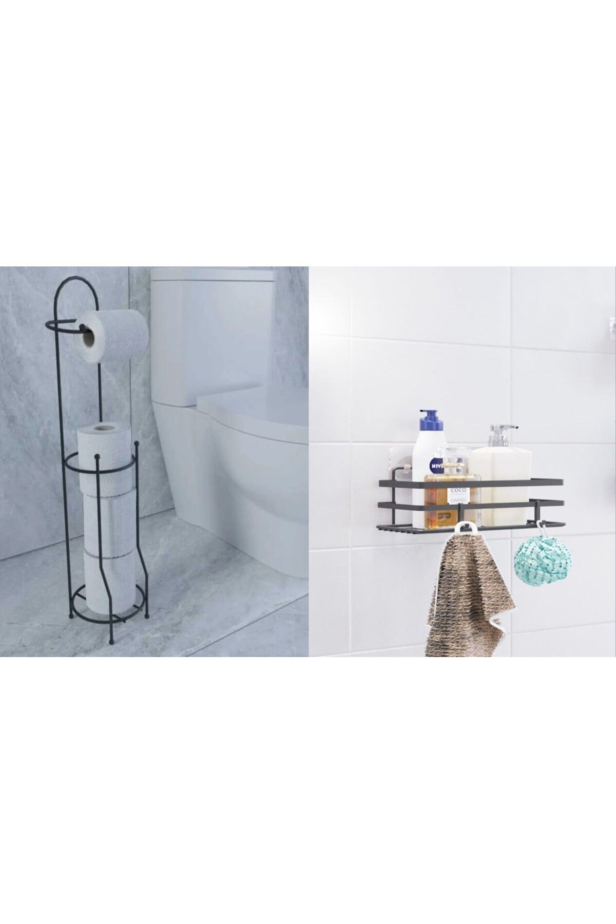 YÜCEKAYA TİCARET 2'li Banyo Seti Ayaklı WC Kağıtlığı + Tek Katlı Yapışkanlı Lüks Şampuanlık Mat Siyah