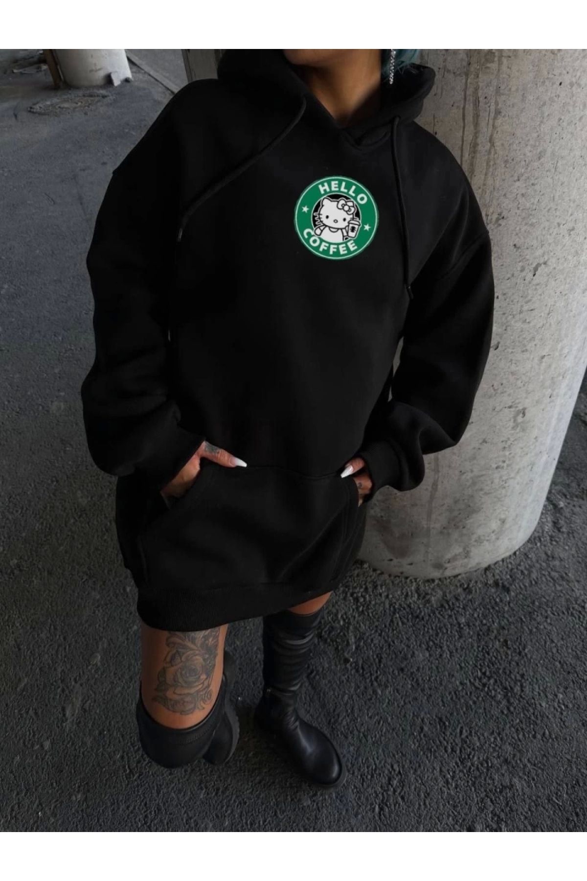 POLEXP Üç İplik Penye Uzun Kol Kapşonlu SweatShirt - Siyah