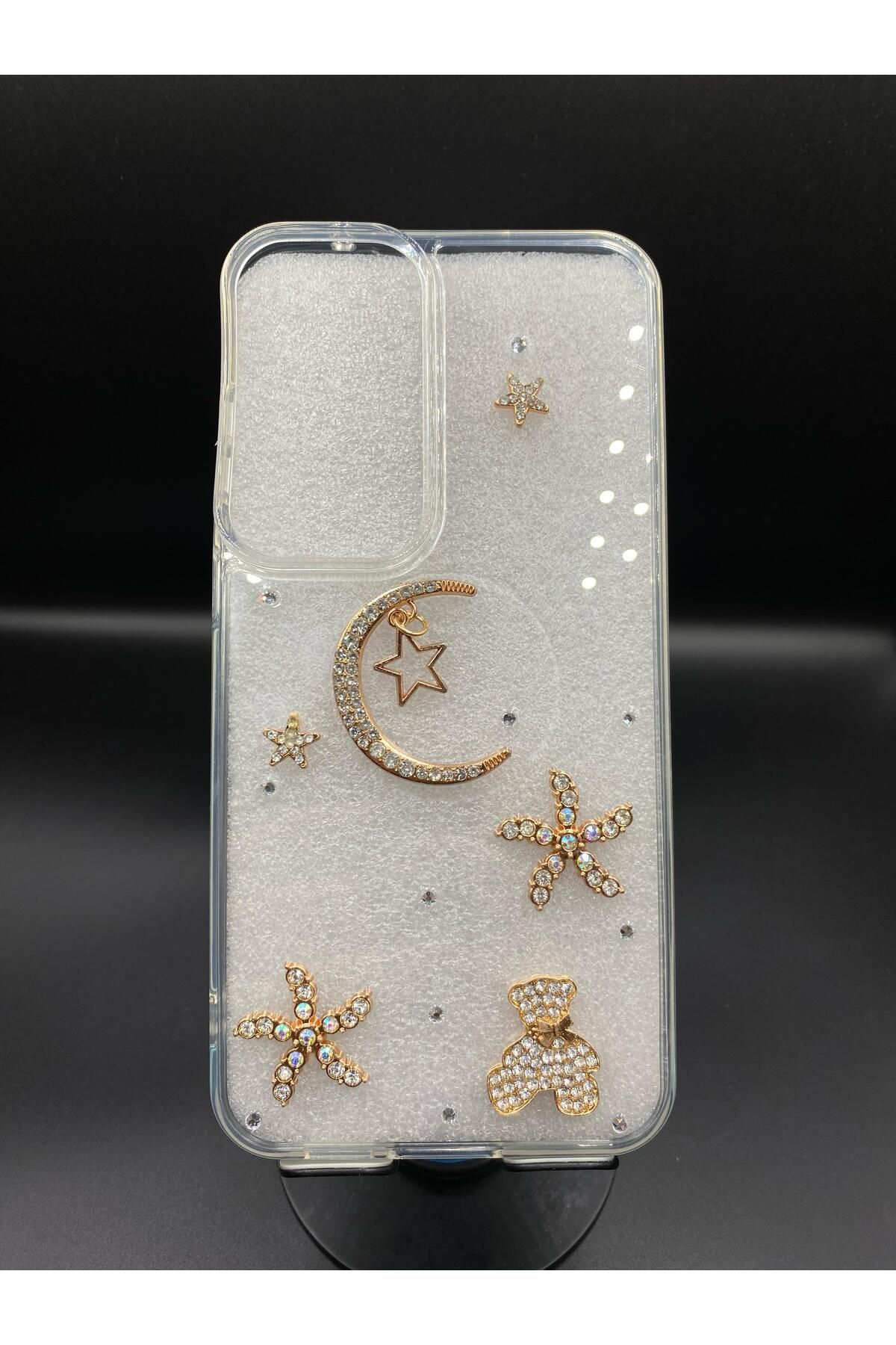 BotCase Iphone 15 PRO MAX Uyumlu Kadınlara Özel Işıltılı Şeffaf Şık ve Zarif Gold Taşlı İnci Detaylı Kılıf