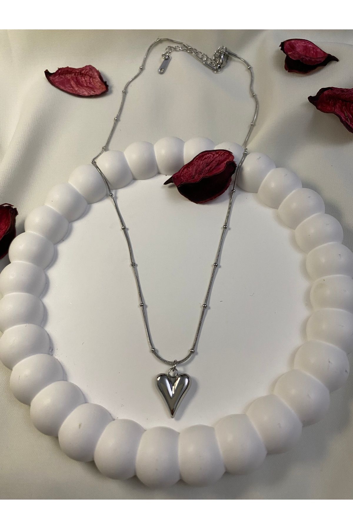 asem jewelry TREND KALP UÇLU GÜMÜŞ RENK ÇELİK KOLYE