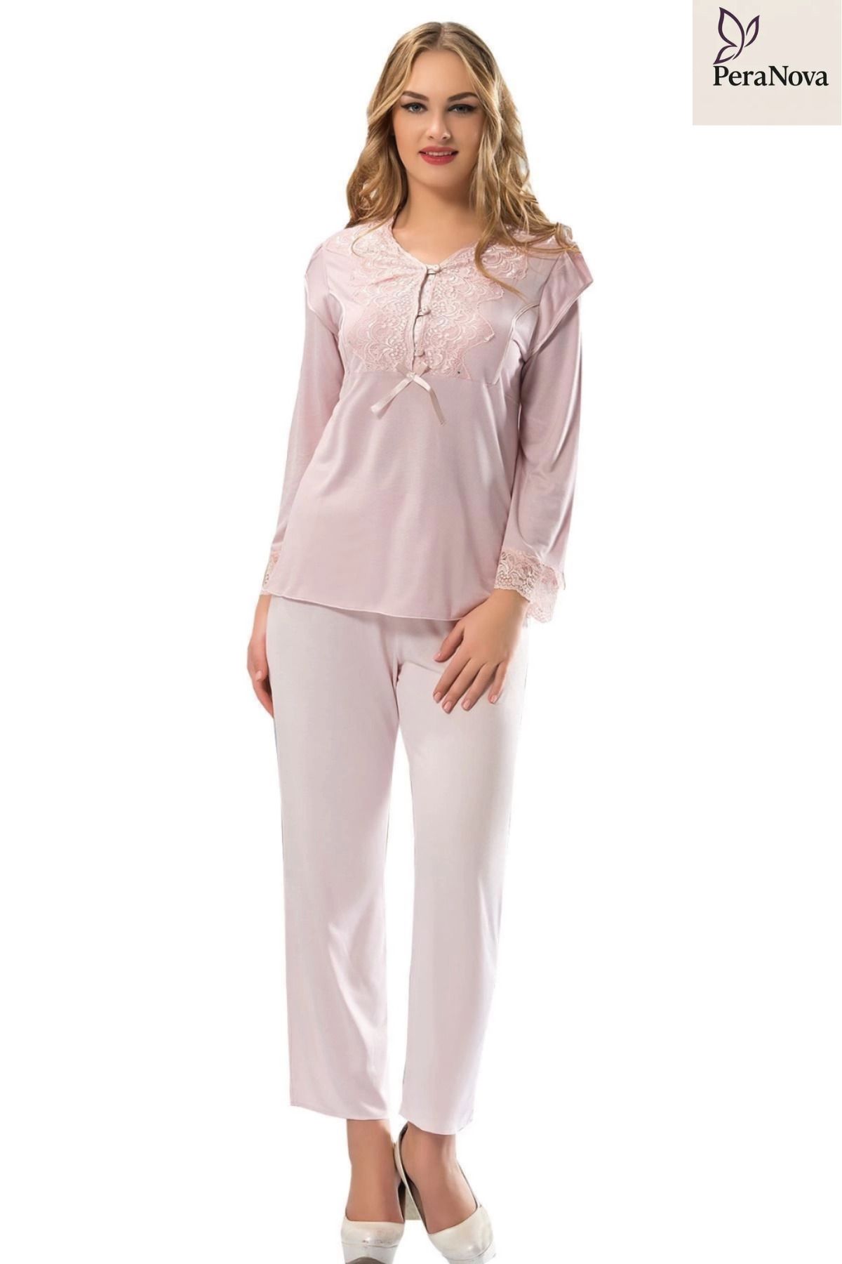 PeraNova Premium Rahat Çeyizlik Kadın Büyüleyici Şık Zarif Ekru Penye Pijama Takımı
