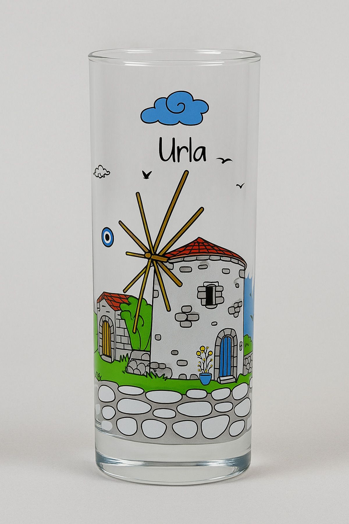 Çeşme Home Alaçatı Çeşme Urla Desenli Cam Bardak 13-14 cm Bardağı Meşrubat Bardağı Renkli Baskılı