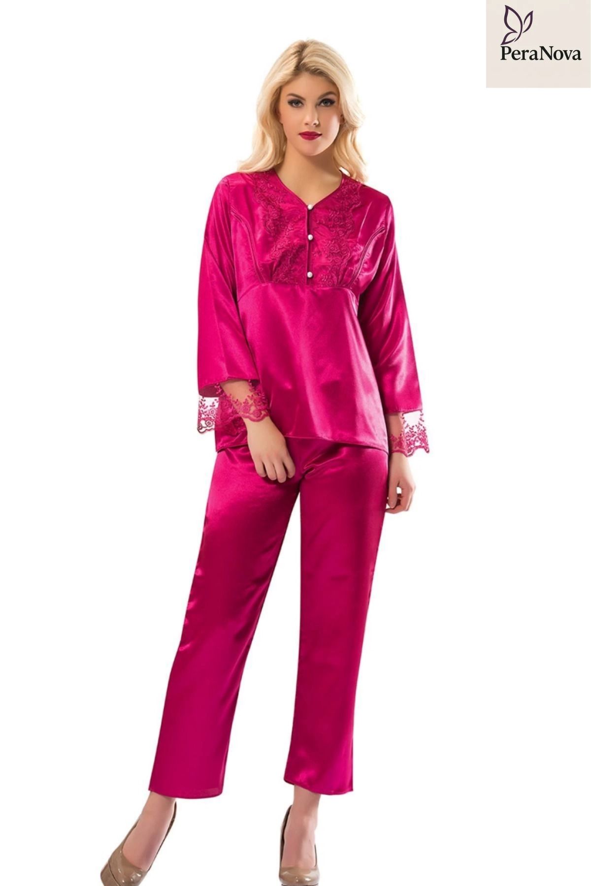 PeraNova Premium Rahat Çeyizlik Kadın Büyüleyici Şık Zarif Fuşya Saten Pijama Takımı