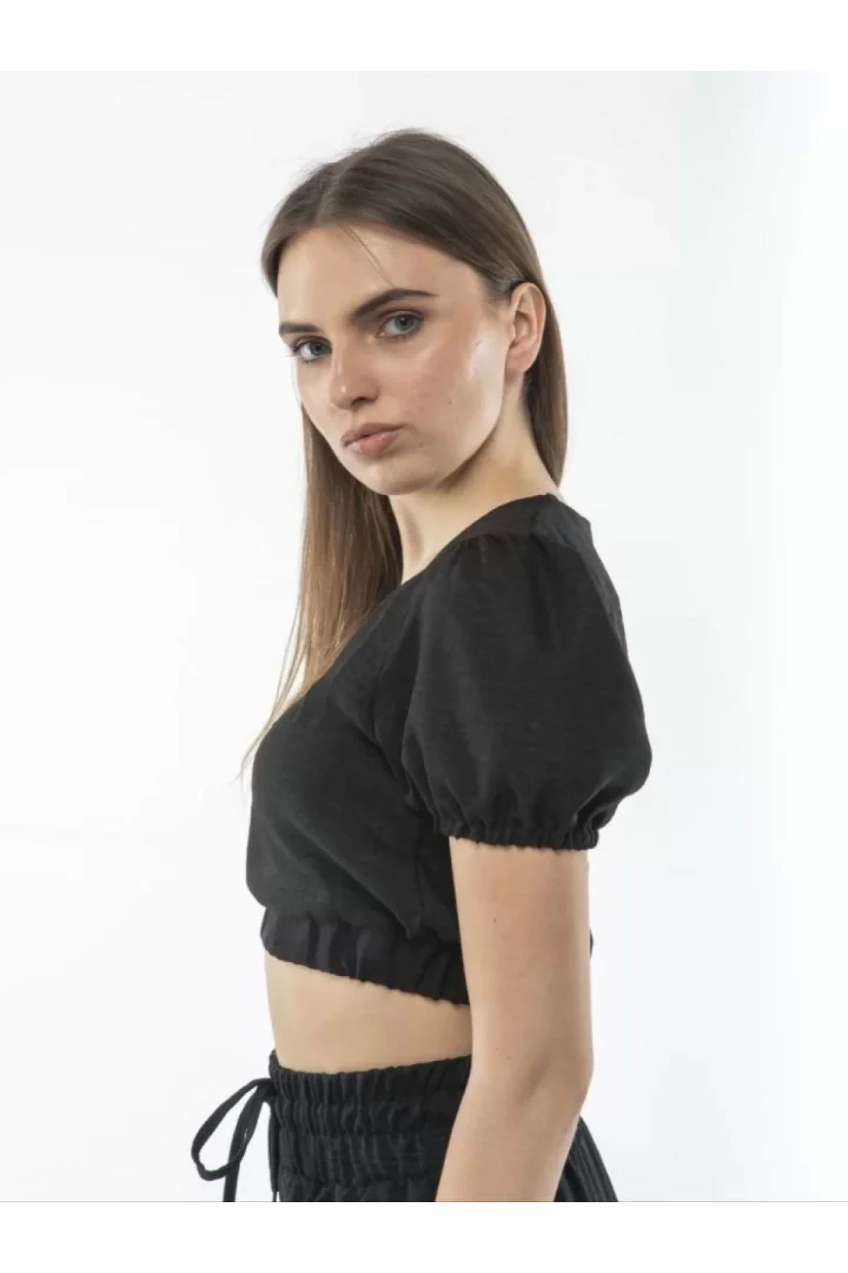 POLEXP Siyah Keten Pantolon ve Crop Takım Seti