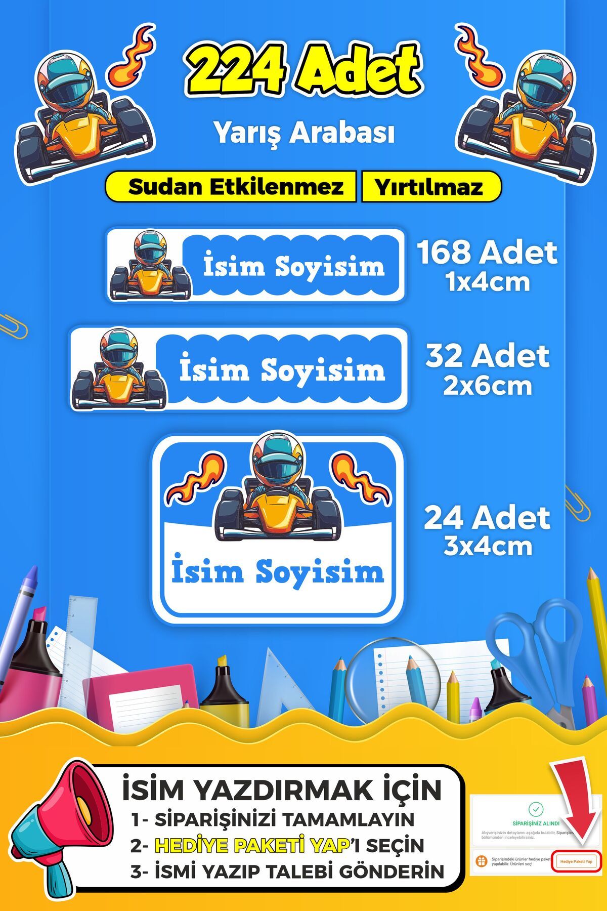 SB store Yarış Arabası Temalı Okul Kreş Kişiye Özel İsim Etiket Seti - Model 296