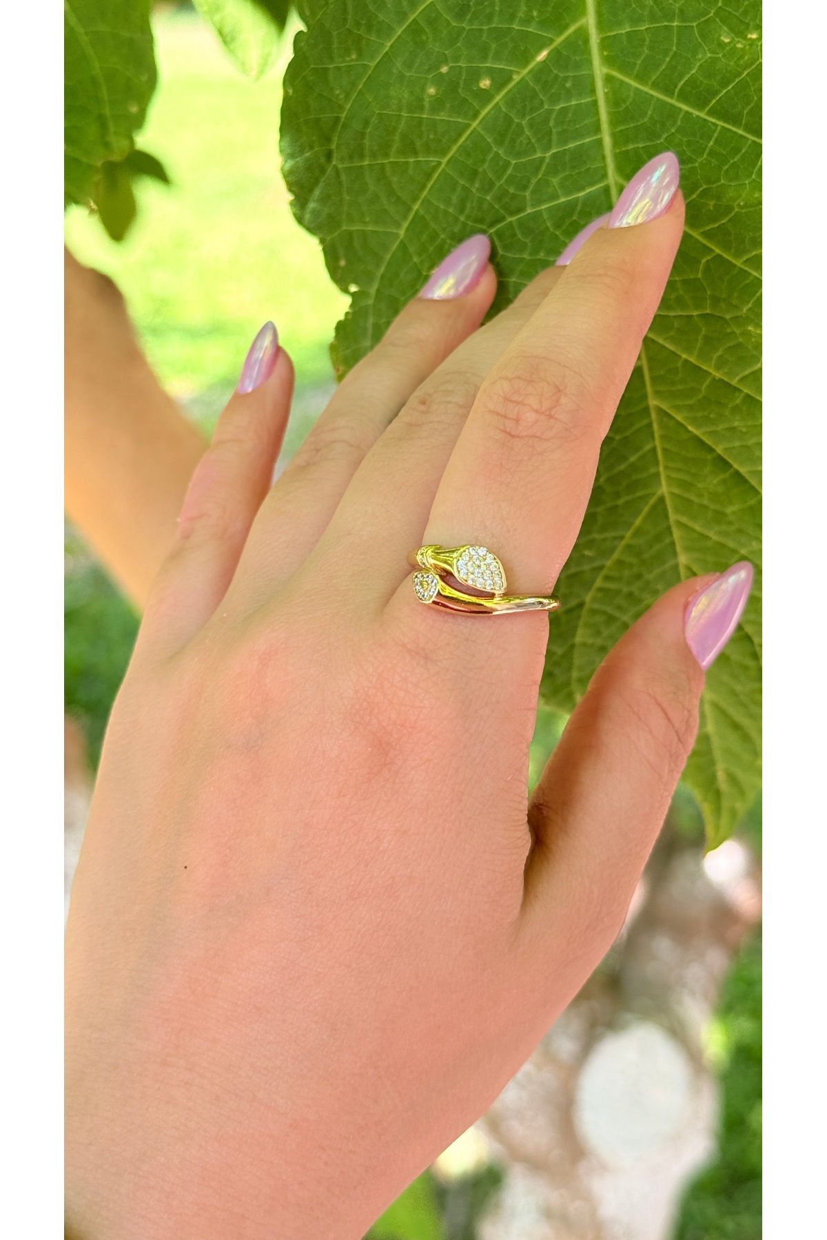 Moonjy Çelik Gold Zirkon Taşlı "Leaf Whisper" Ayarlanabilir Yüzük