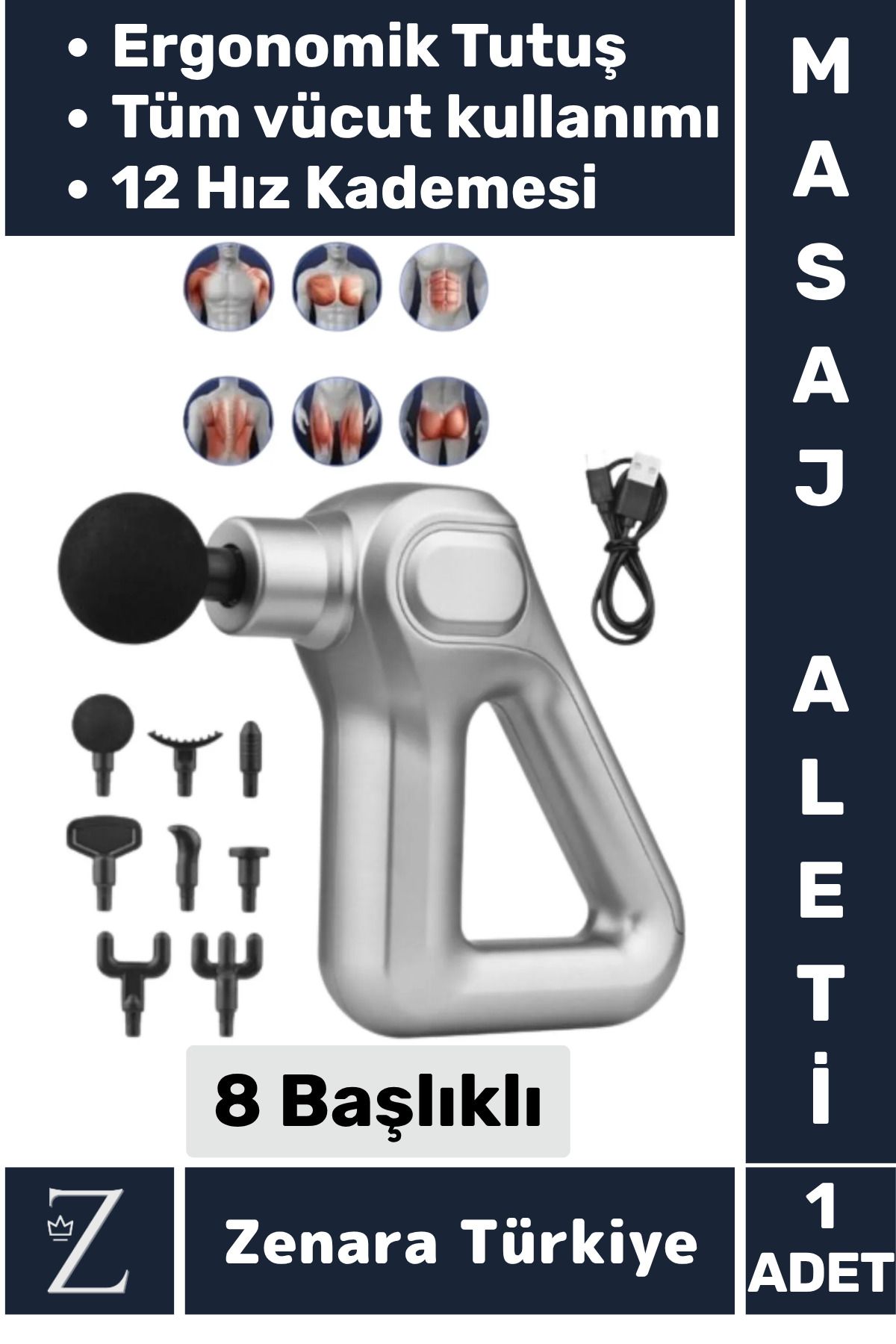 Zenara Ergonomik Kol Bacak Sırt Bel Yüksek Titreşim 12 Hız Kademeli Spor Fitness Kas 8 Başlıklı Masaj Aleti