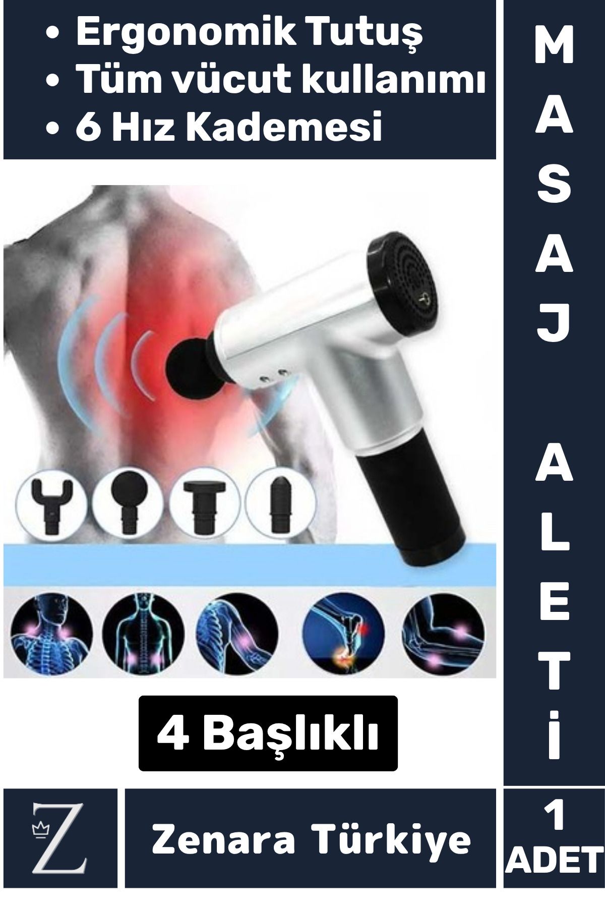 Zenara Ergonomik Kol Bacak Sırt Bel Titreşim Terapisi Spor Fitness Kas 6 Hız Kademe 4 Başlıklı Masaj Aleti
