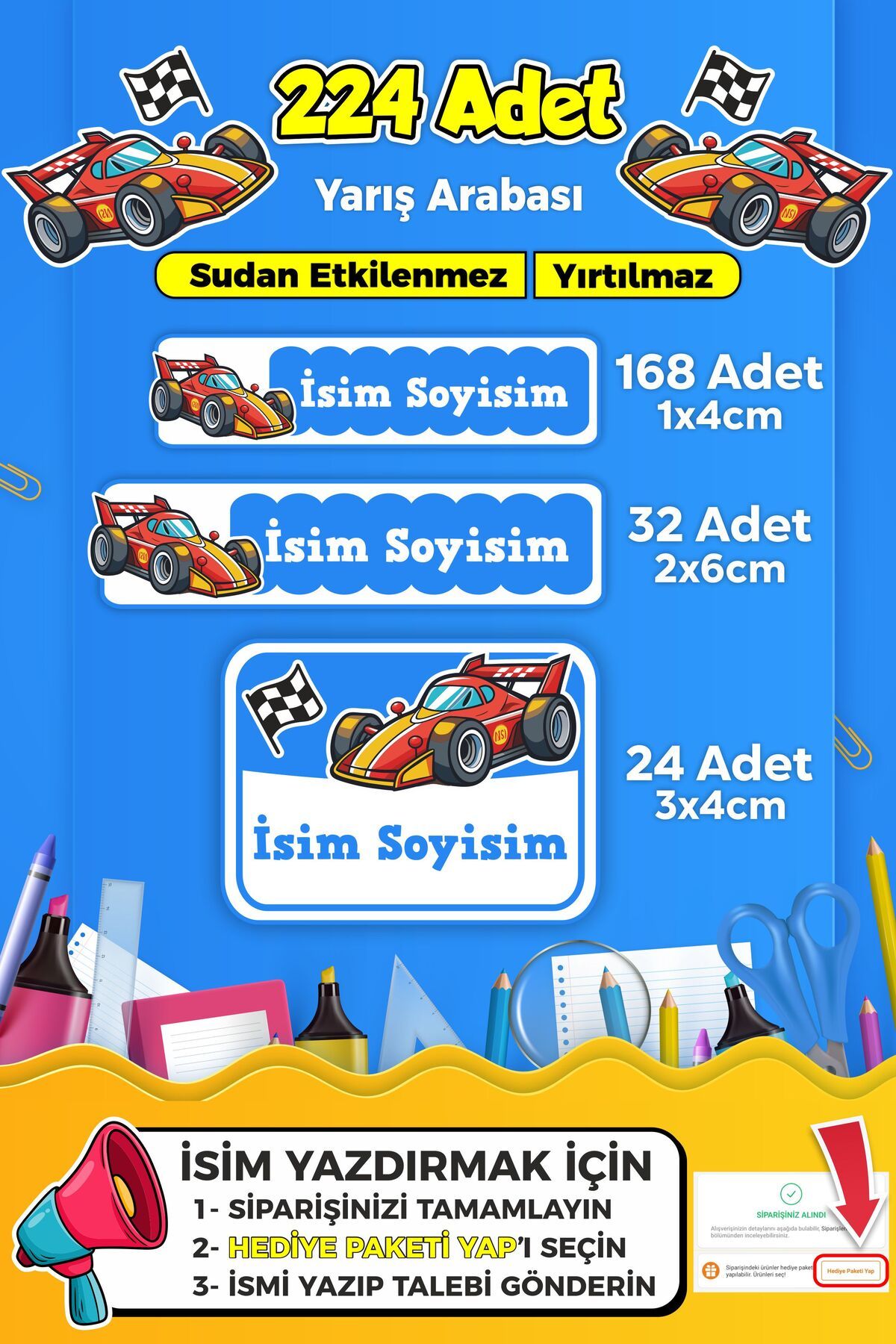 SB store Yarış Arabası Temalı Okul Kreş Kişiye Özel İsim Etiket Seti - Model 295