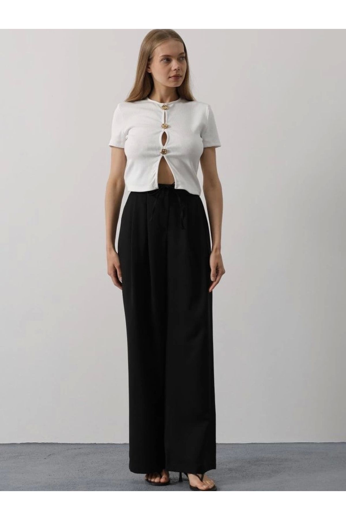 POLEXP Siyah Oversize Pantolon - Pileli Bağcıklı Stil