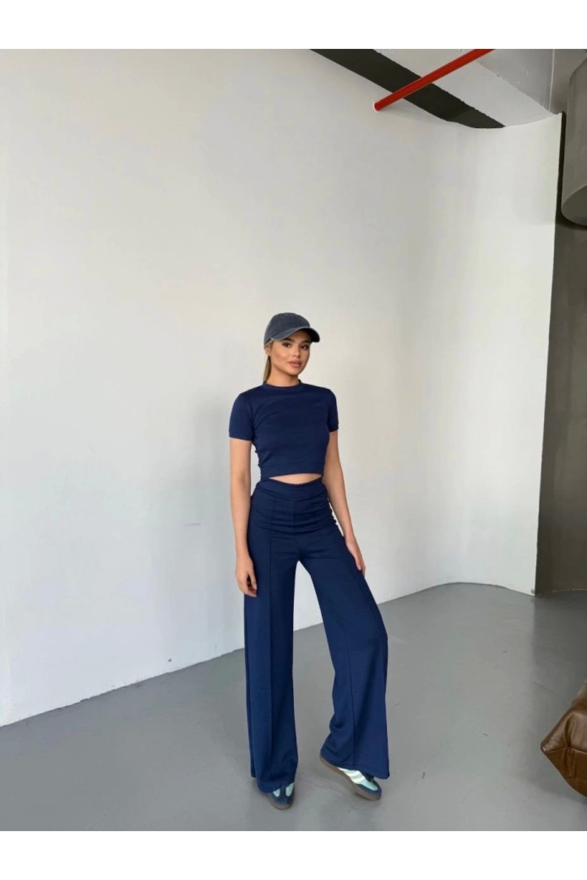 POLEXP Modal Kumaş Crop Pantolon Rahat Takım - Lacivert