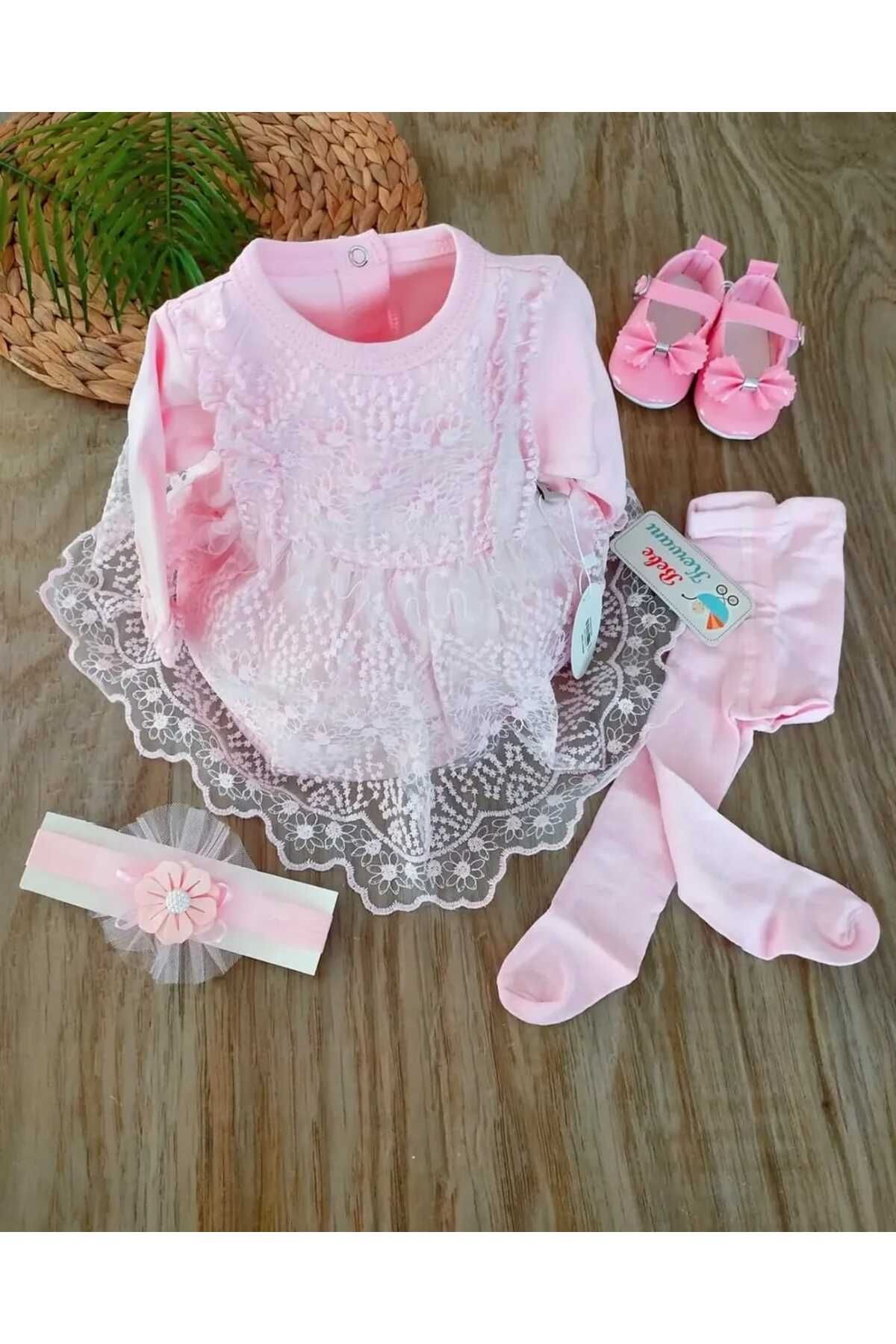 bebe kervanı Kız Bebek% 100 Pamuklu Pembe Babet Ayakkabılı Mevlüt Elbisesi BBK927