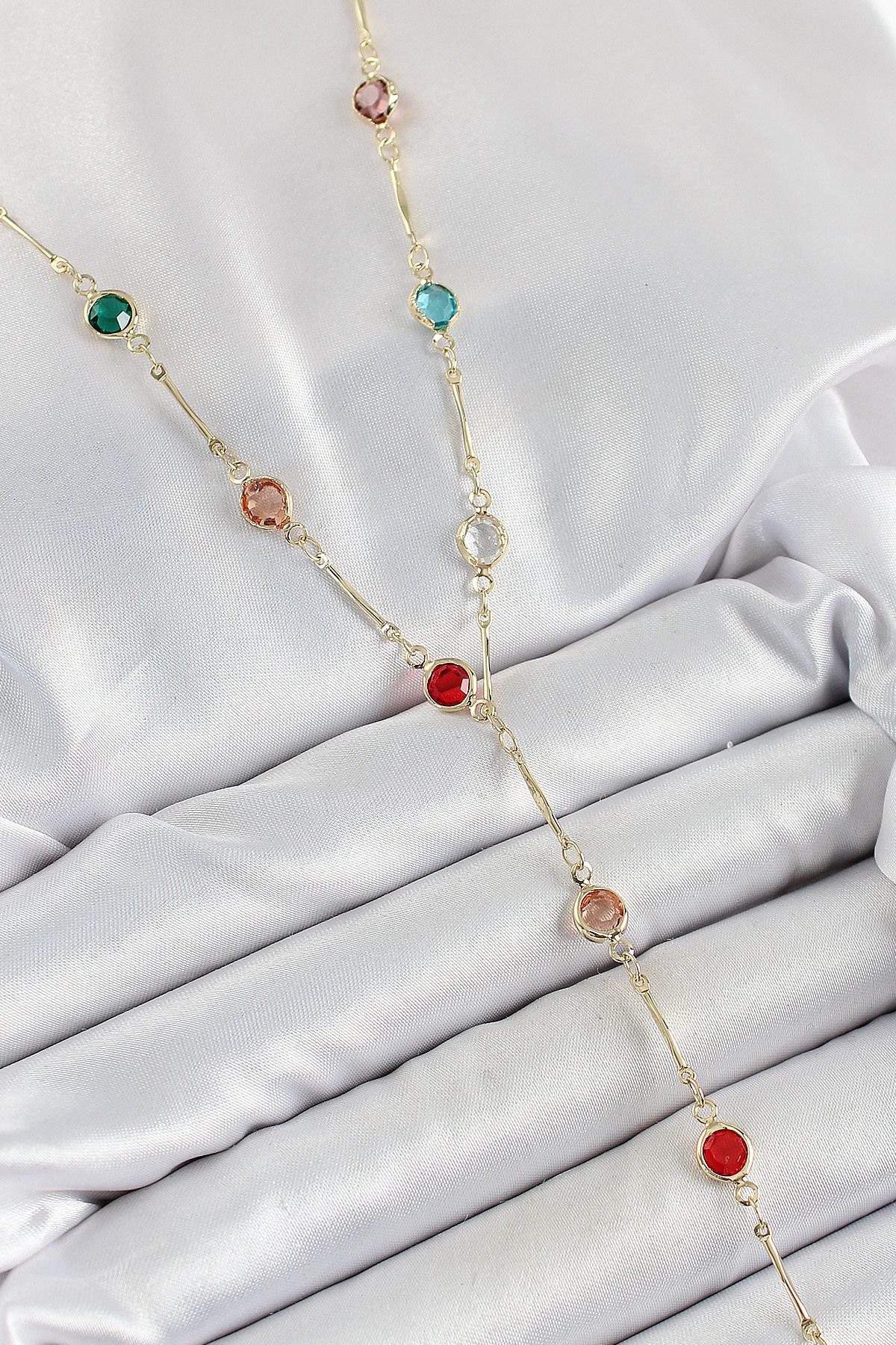 MR RZN STORE Pirinç Asorti Model Gold Renk Zirkon Taşlı Y Kolye - TJ-BKO10251