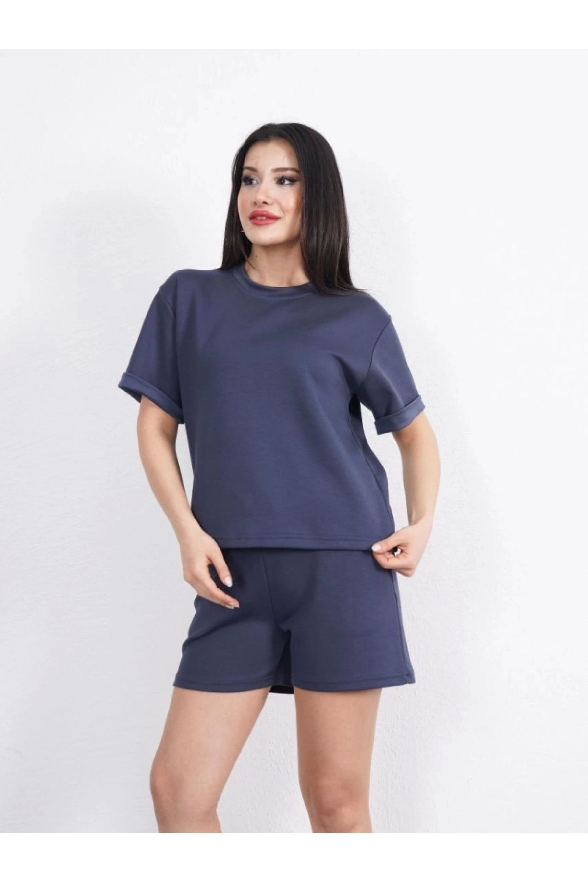POLEXP Yumuşak Dokulu Kumaş Bisiklet Yaka T-shirt Kısa Şort Takım - Antrasit