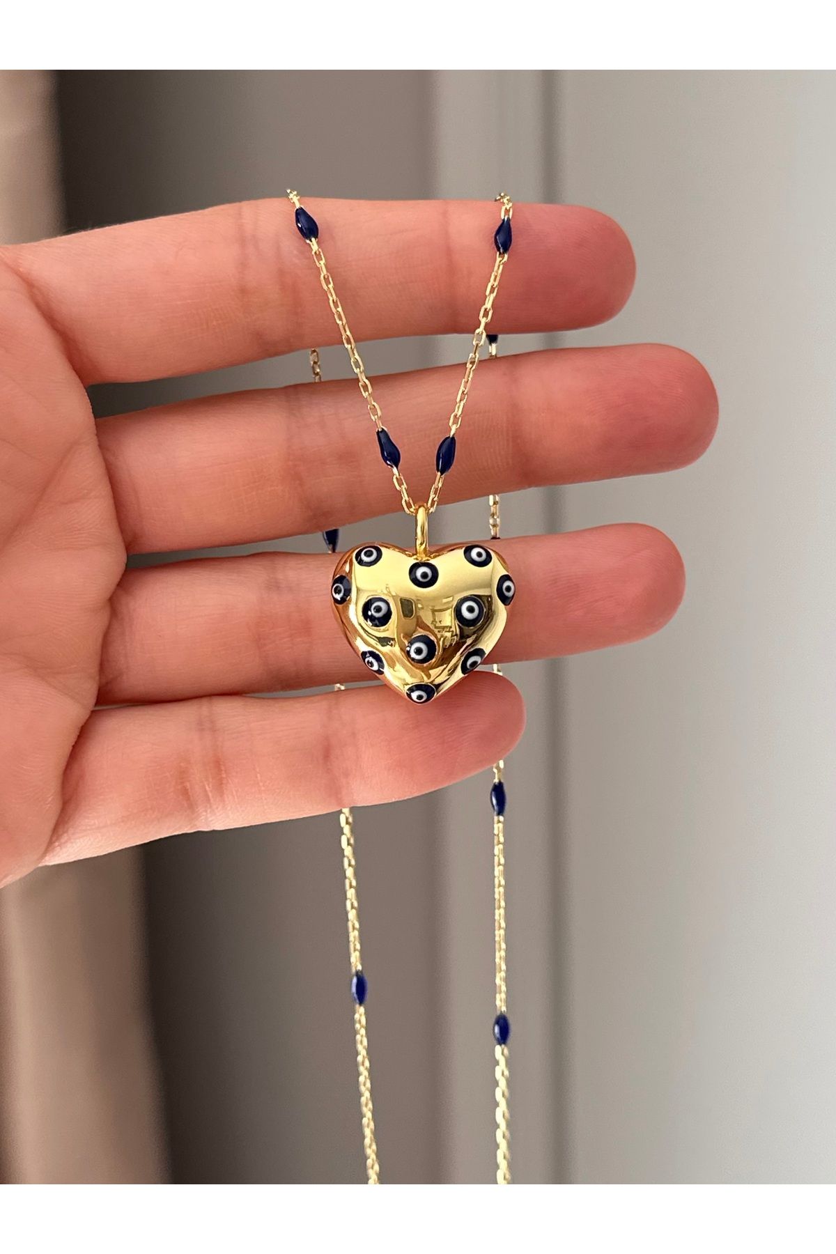 emy by emel luxury silver jewelry Altın Kaplama Nazar Boncuklu Mineli Kalp Kolye 925 Ayar Gümüş