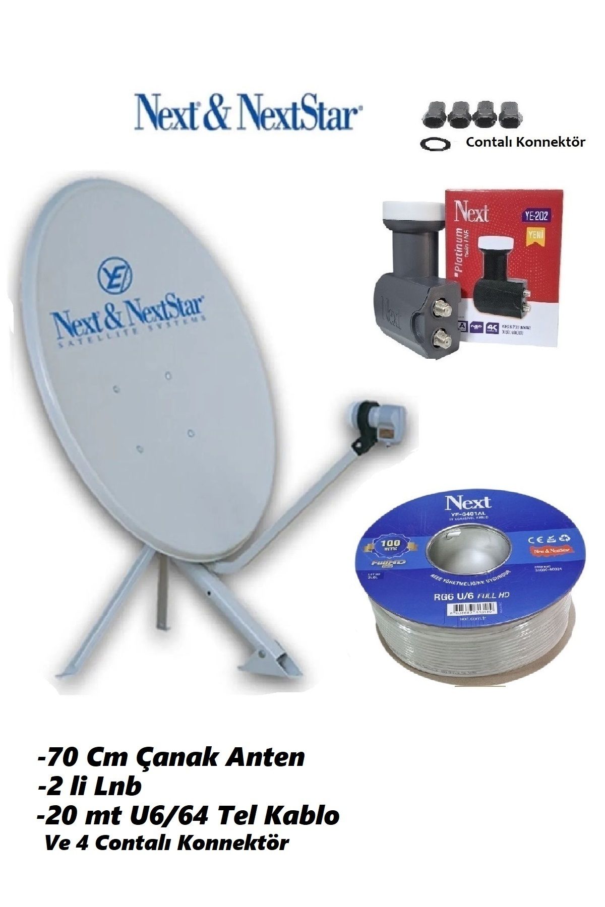 Vwin 70 Cm Çanak + 20 Metre Anten Kablosu 3D 4K + 2'li Lnb YE 202 + 4 Contalı Konnektör (NEXT)