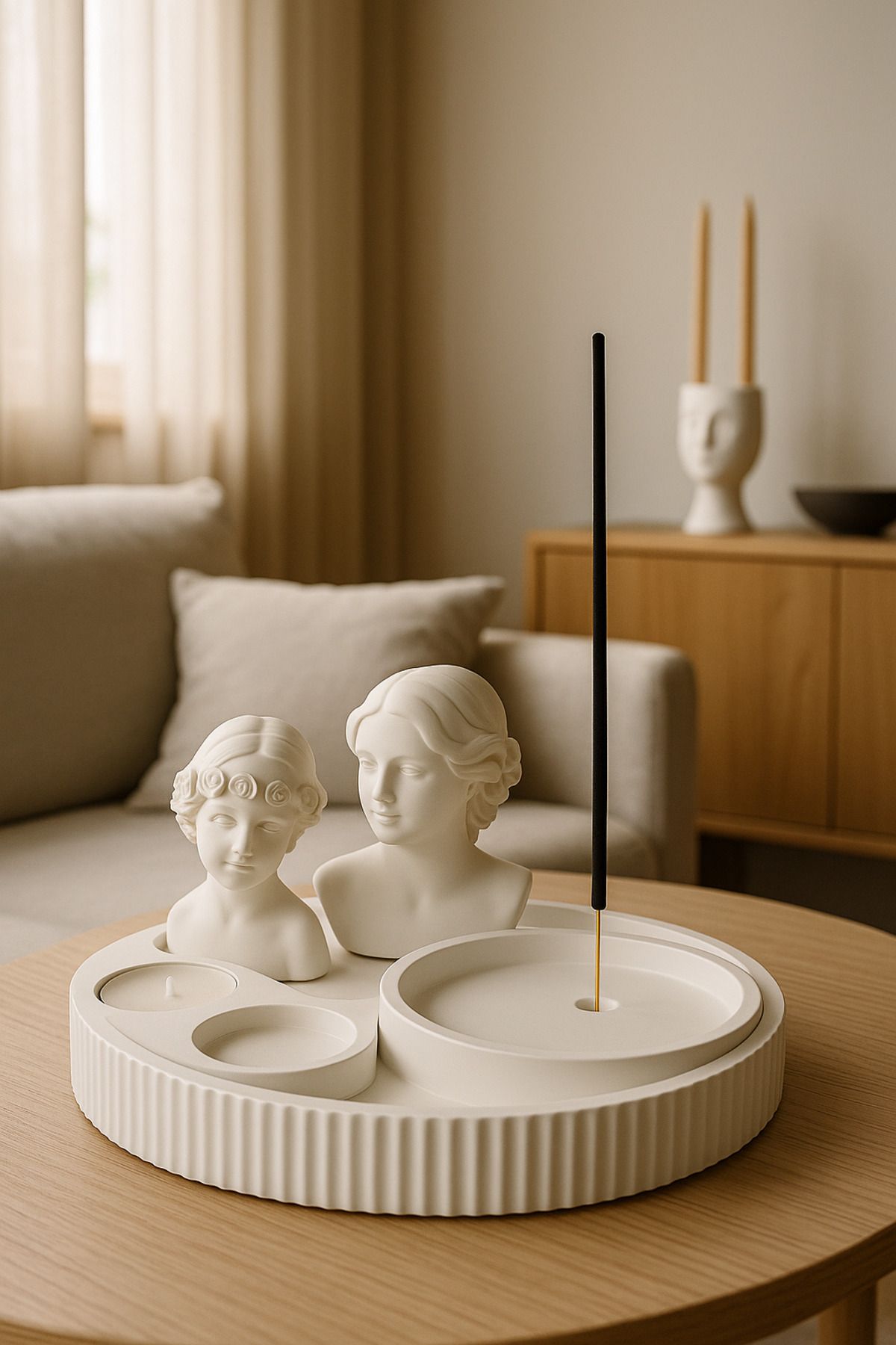 Arteliss Bohem İskandinav Tarz Tepsi Üzeri 5'li Set | Minimal Tealight, Tütsülük, Dekoratif Çiçek Kızlar Obje