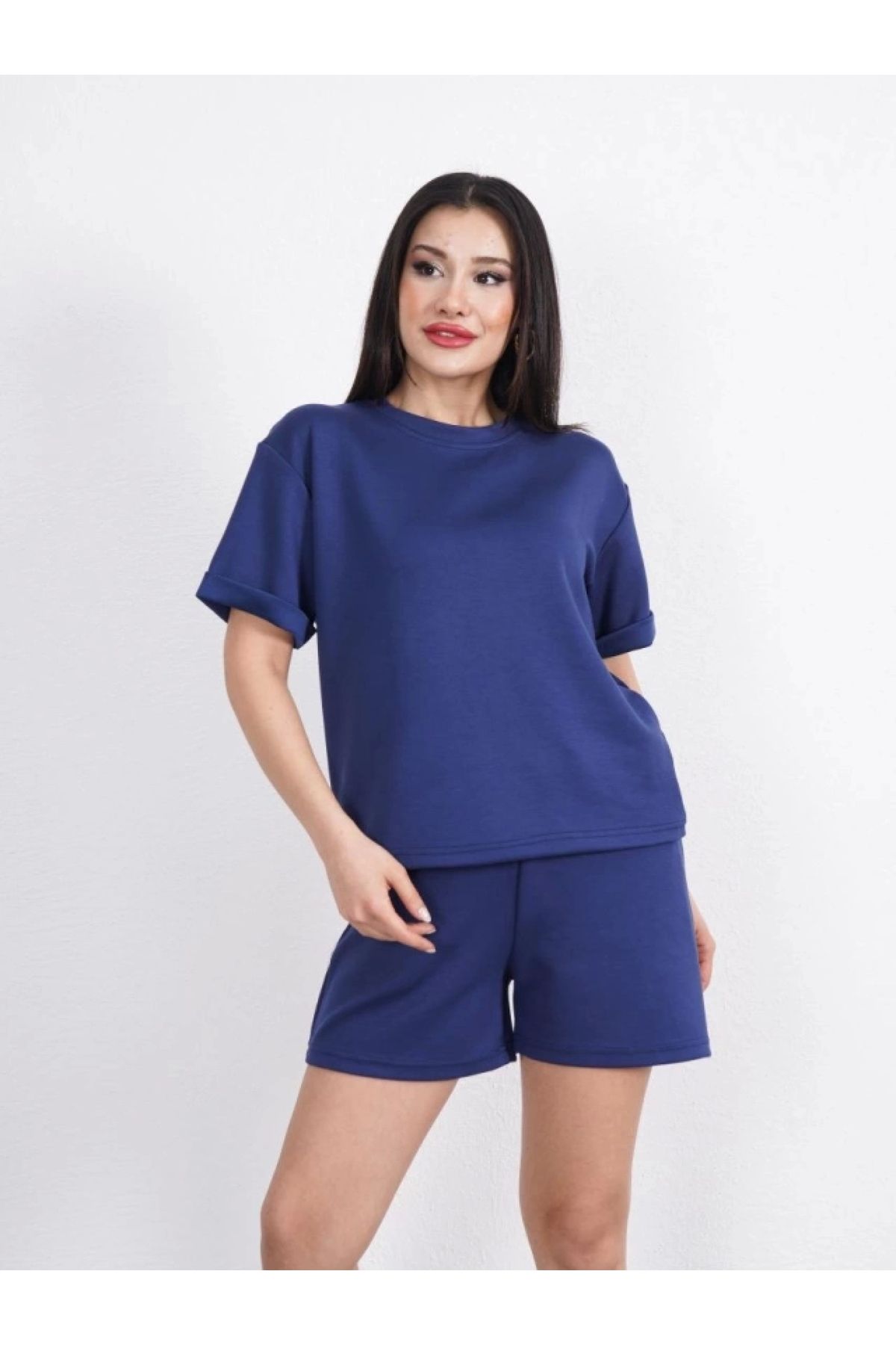 POLEXP Modal Kumaş Bisiklet Yaka T-shirt ve Kısa Şort İkili Takım - Mavi