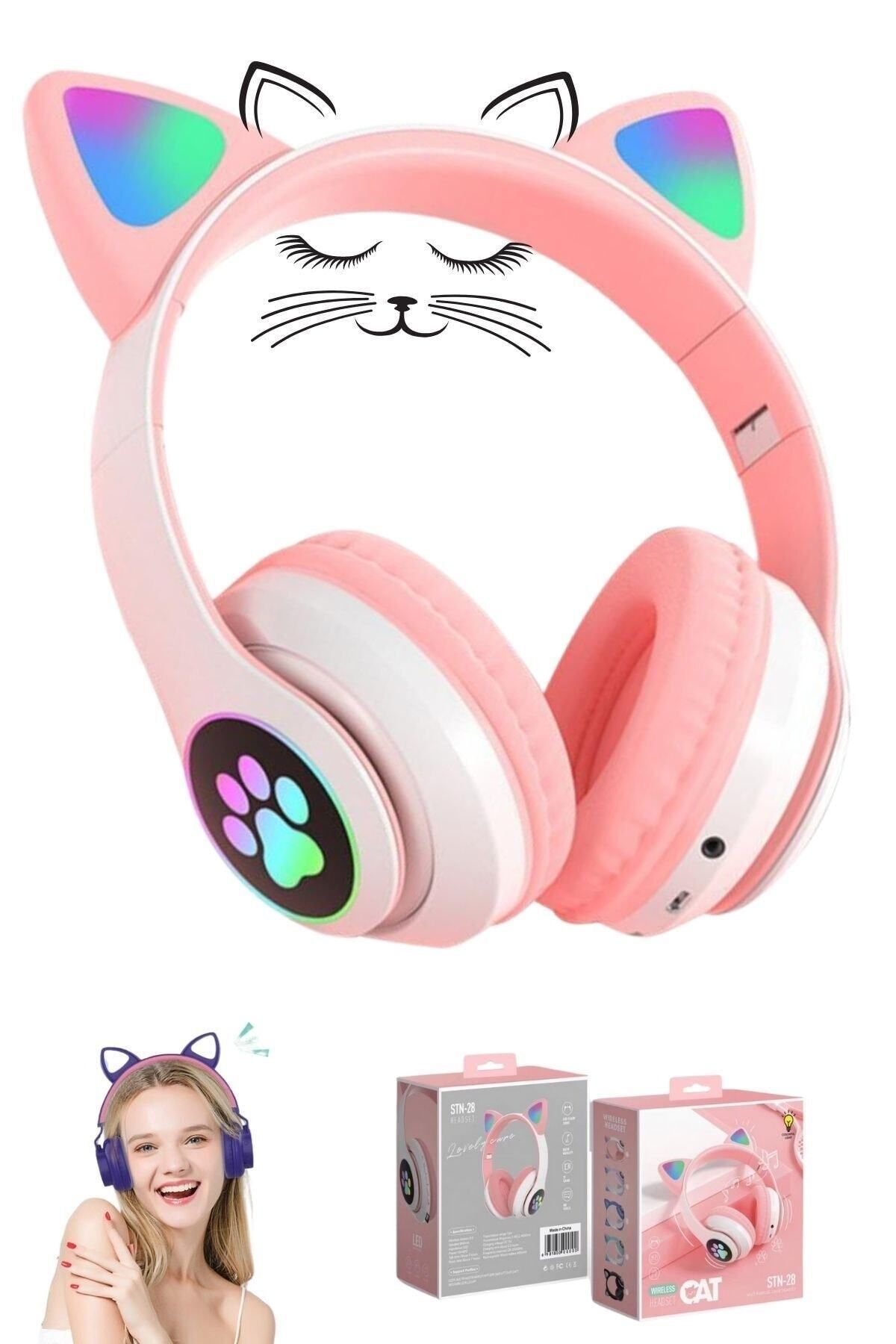 Kensa Kedi Figürlü Kulaküstü Bluetooth Kulaklık Kedicikli Patili Işıklı Bluetooth + Kablolu Kulaklik