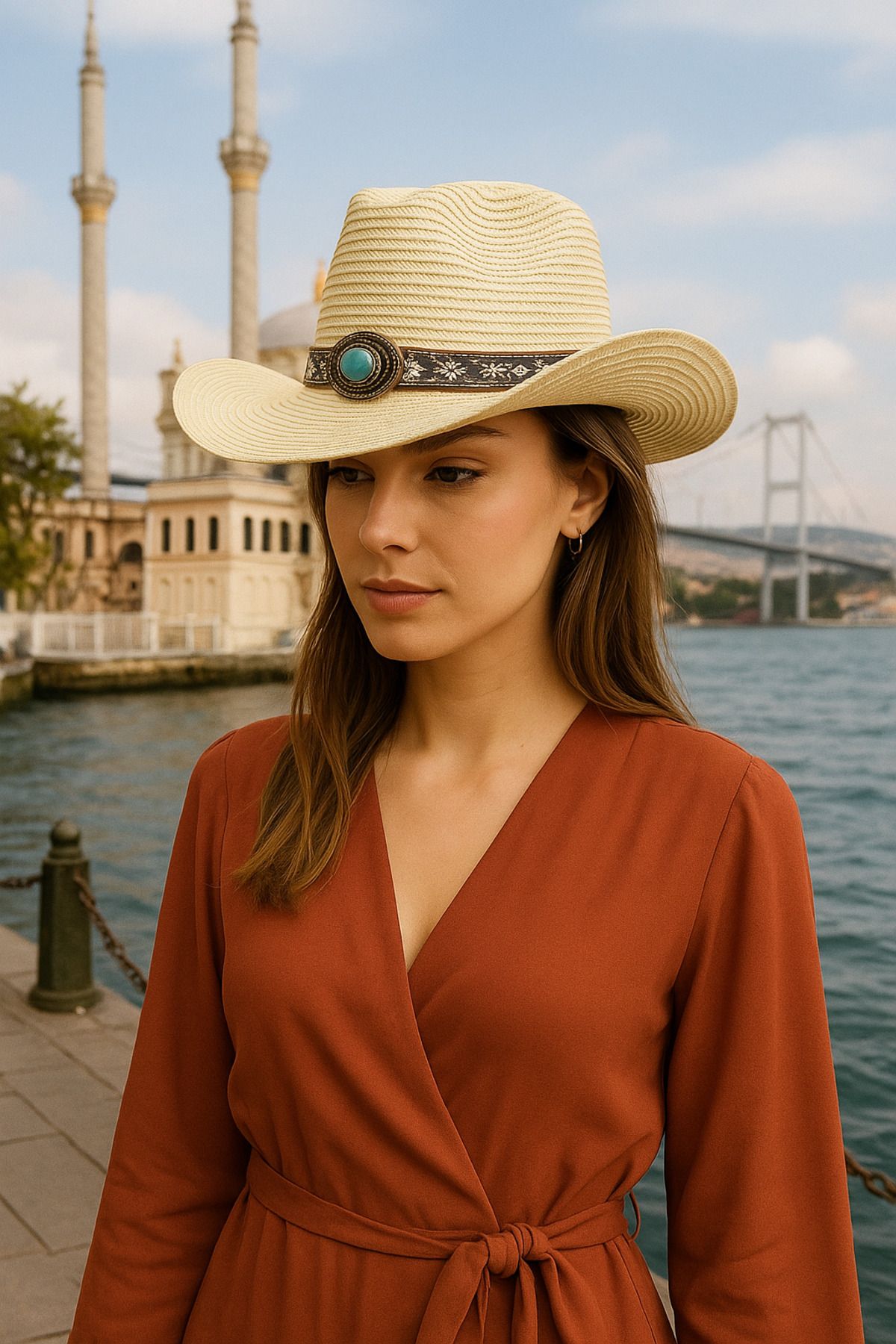 LAGRANZE Taşlı Premium Kadın Hasır Şapka