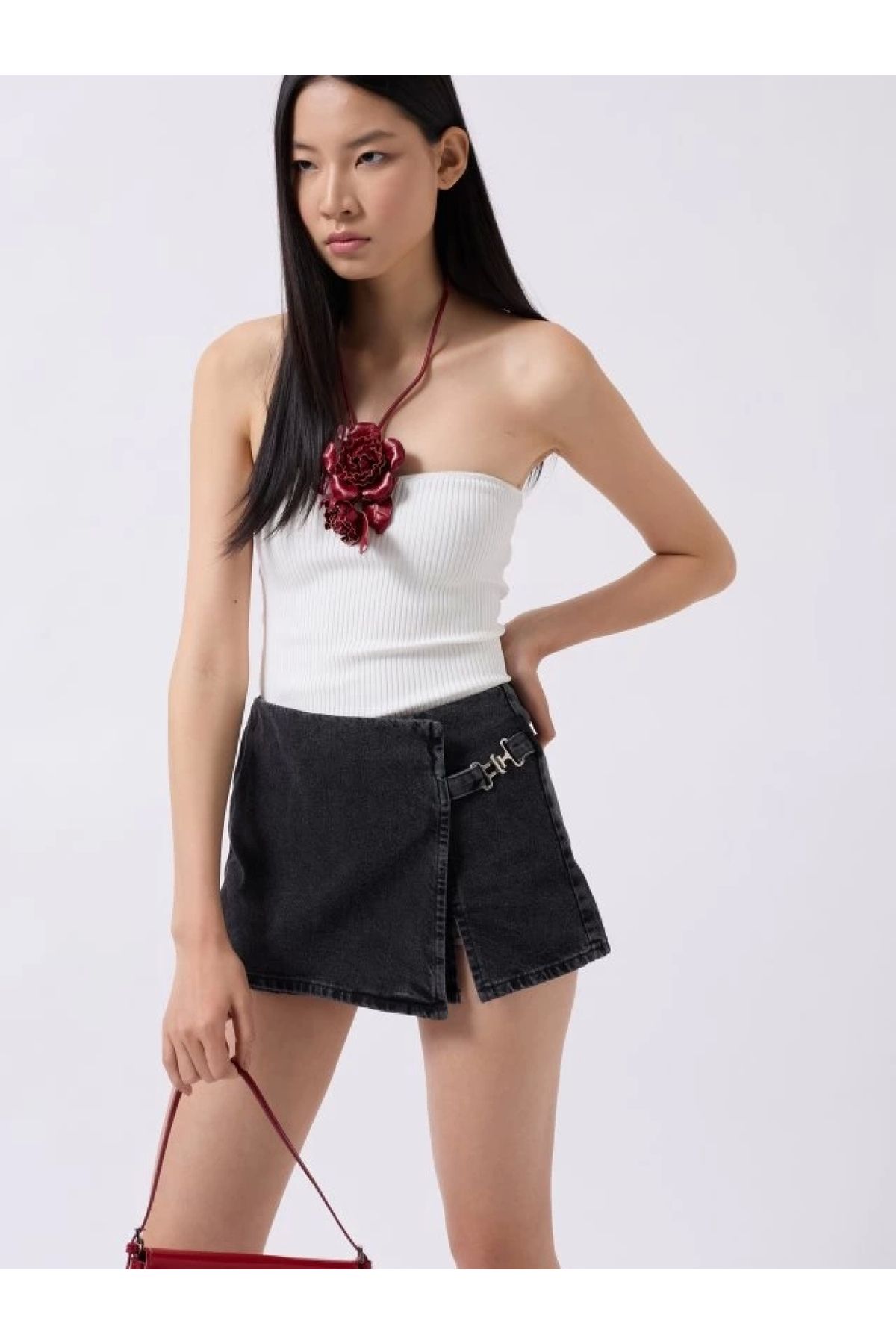 POLEXP Denim Şort Etek - Kemer Detaylı