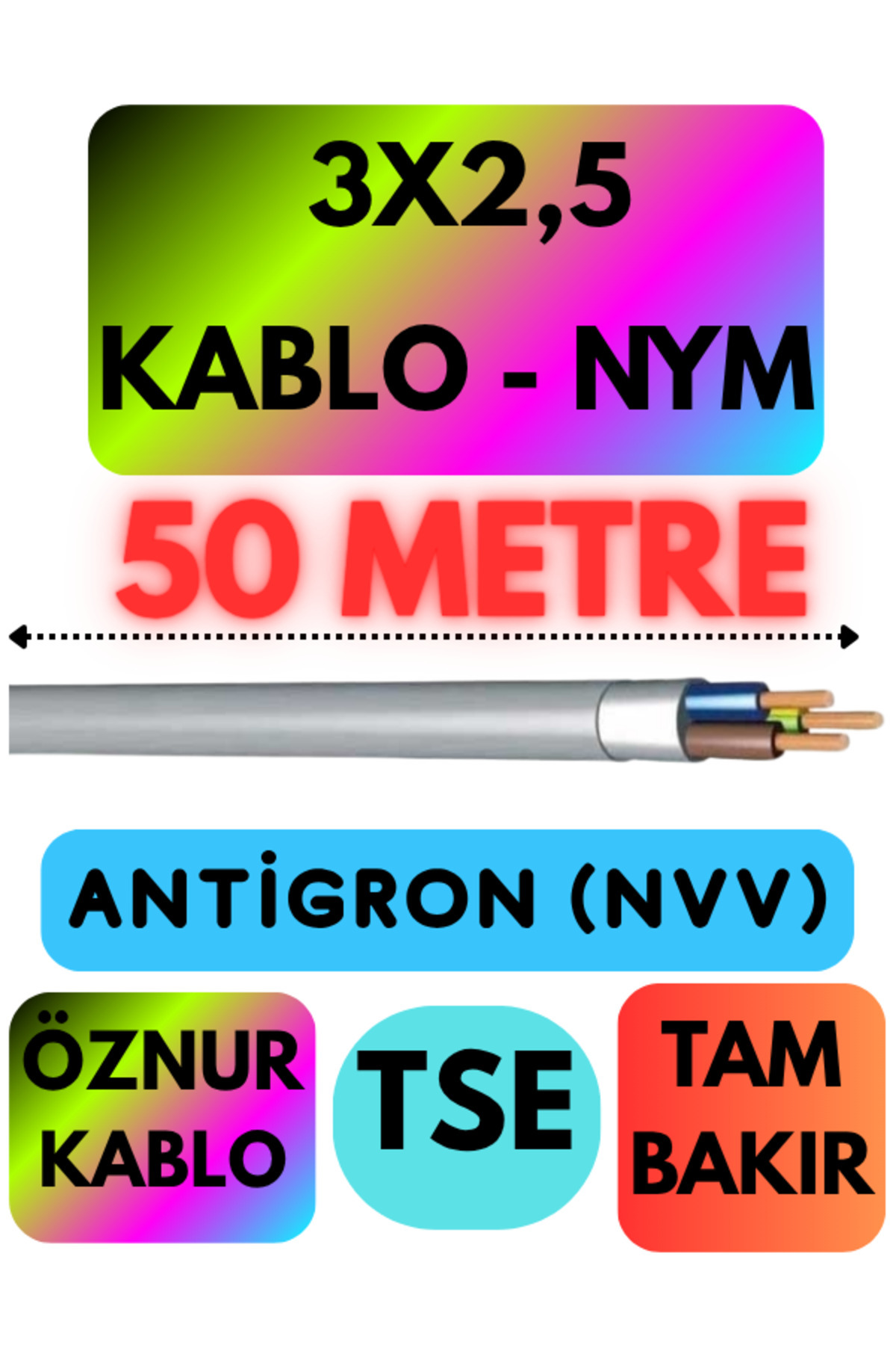 Avarson Öznur 3X2,5 ANTİGRON (NYM) Kablo (Gri) Metre Seçenekli 50 METRE