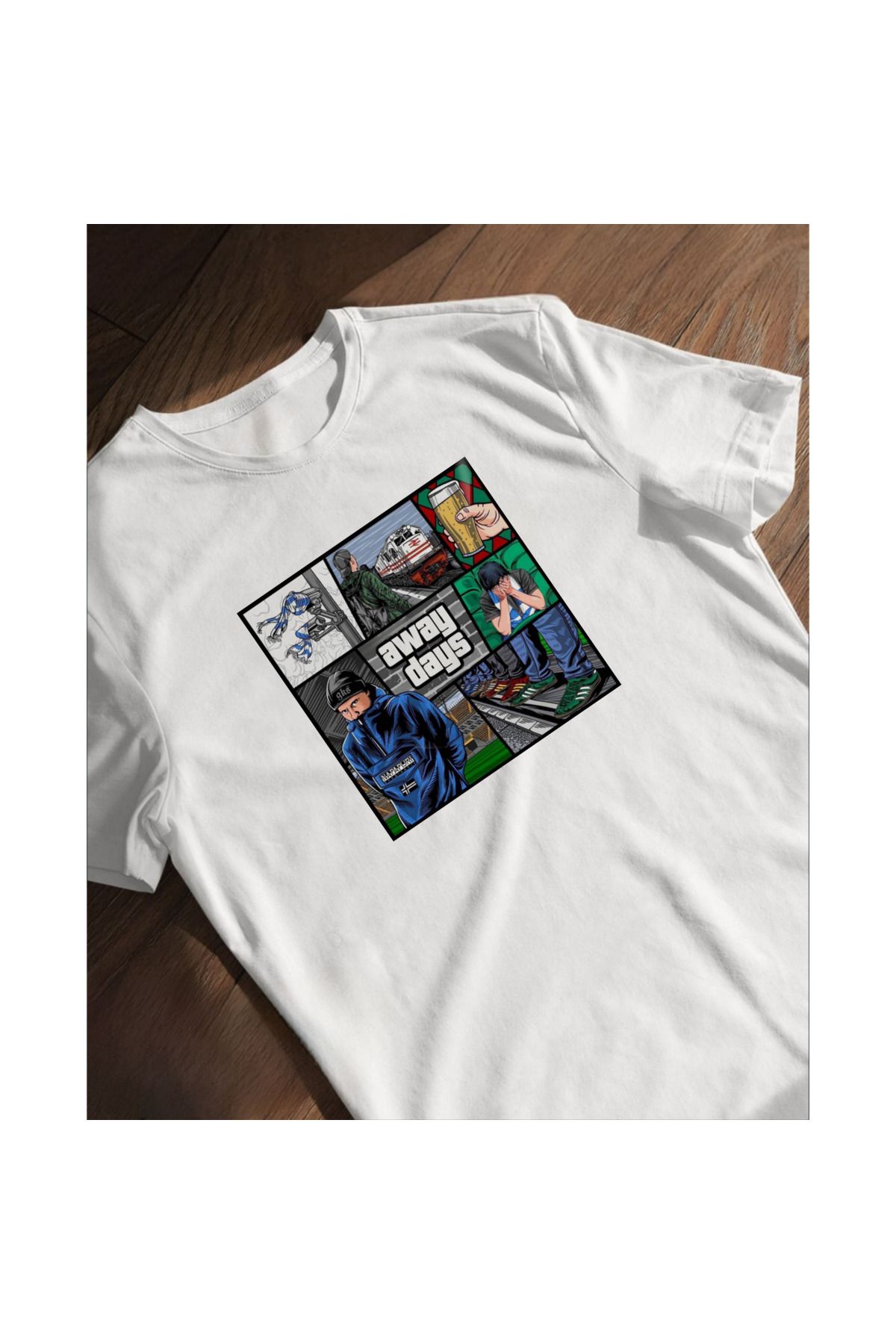 SARI AWAY DAYS KOLAJ TEMALI TSHIRT %100 PAMUK