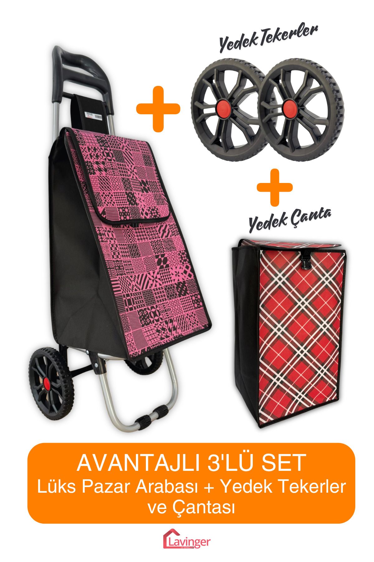 LAVİNGER Pazar Arabası Plus Avantajlı 3' lü SET Pazar Arabası + Yedek Tekeri + Yedek Çantası.