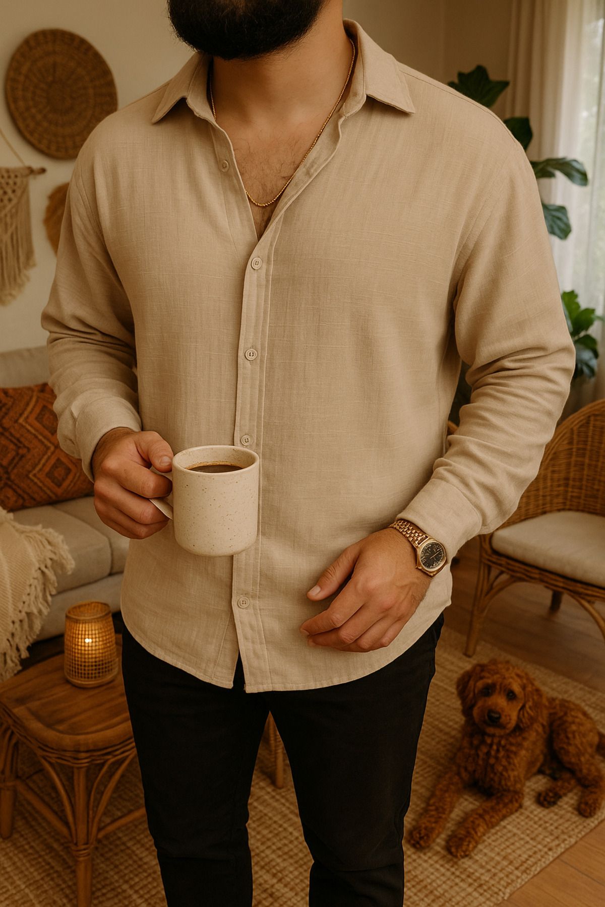 Buteks Bej %100 Organik Pamuk Unisex Oversize Rahat Kalıp Müslin Gömlek