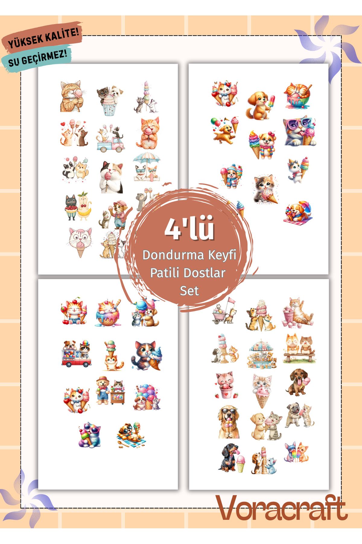 VORACRAFT 4'lü Tatlı Kedi Köpek Dondurma Set Ajanda Bullet Journal Set A049