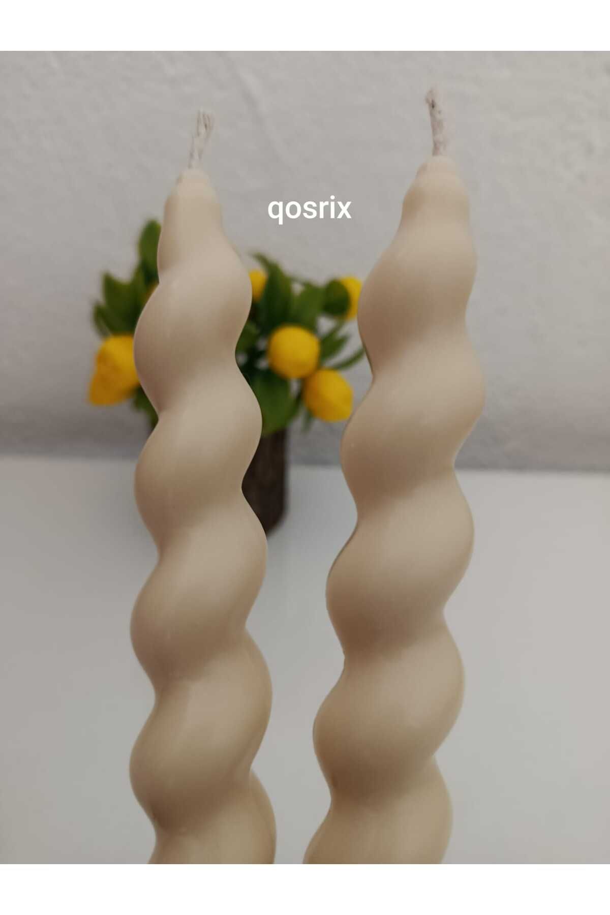 qosrix 2'li Krem Italyan Burgulu Şamdan Soya Mumu Doğal Kokulu Uzun Çubuk Konik Burgu Spiral Mum Dekoratif