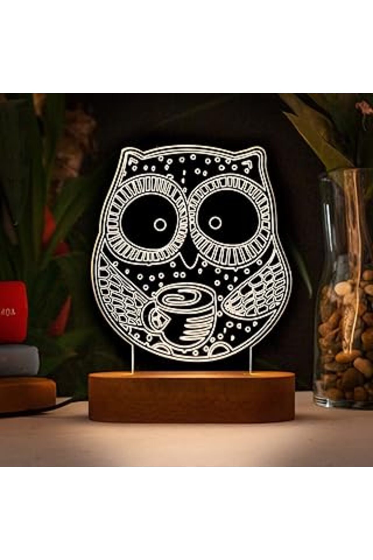 SerenityHaven Etnik Baykuş 3 Boyutlu Led Masa Lambası - 60X140X30 Mm - Usb Bağlantılı Sarı Işık