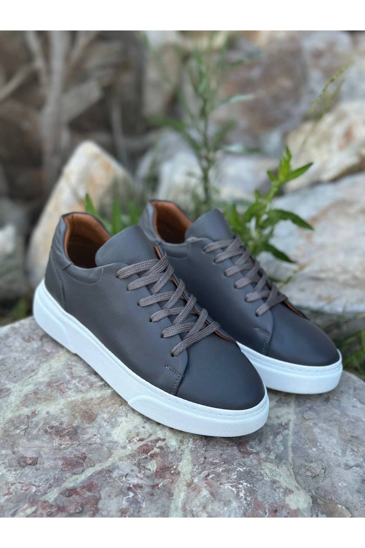 DERWARDEIN Gri Süet Erkek Spor Ayakkabı Hakiki Deri - Günlük Sneaker Modeli