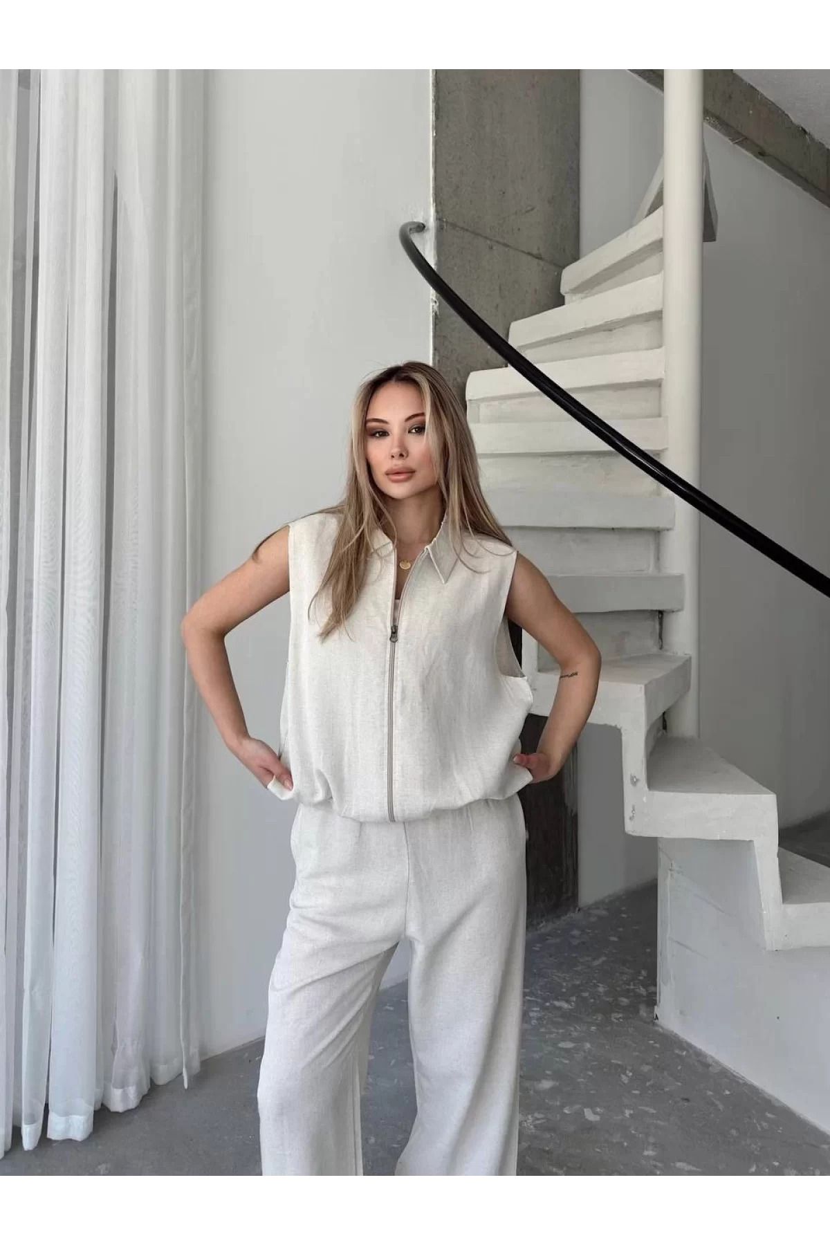 BBbutik Keten Tam Fermuarlı Kolsuz Ceket Pantolon ikili Takım- Beyaz