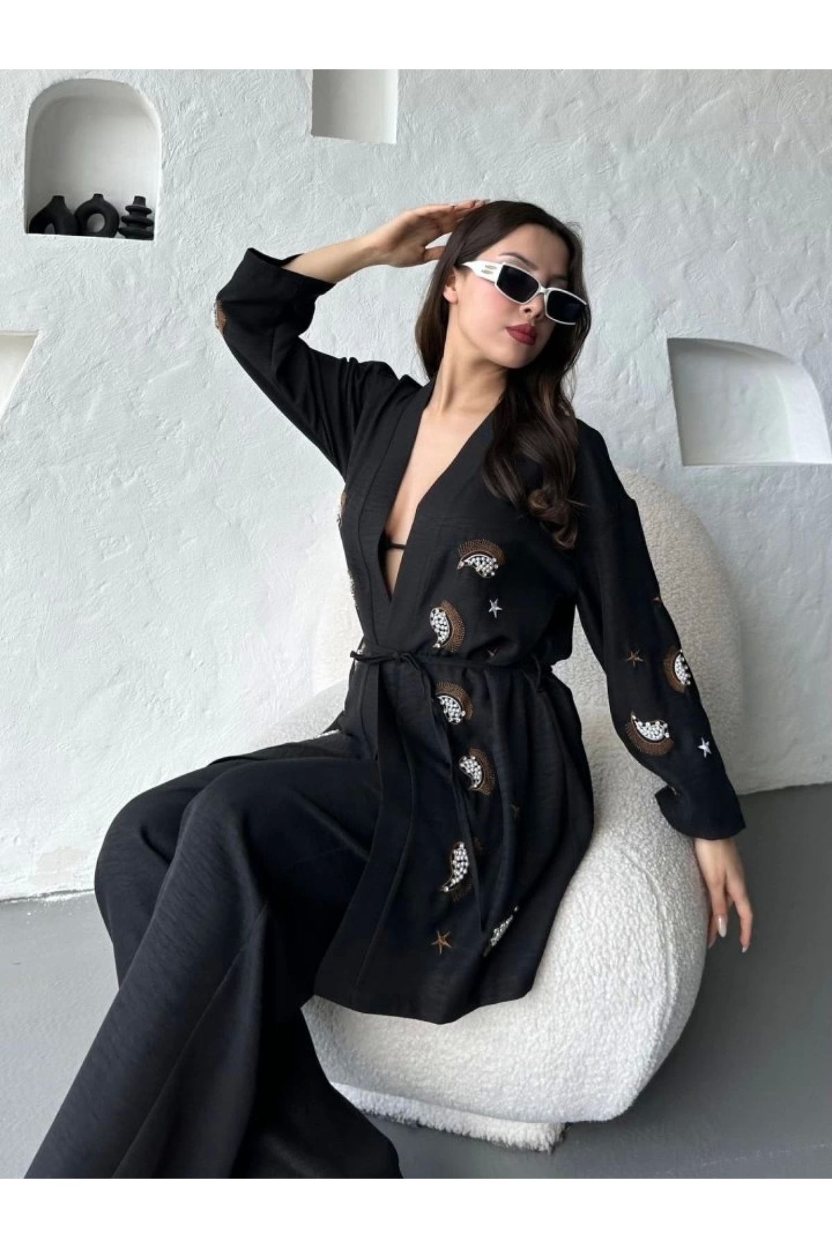 POLEXP El İşlemeli Kimono ve Pantolon Takımı – Bohem Stil Kadın Kombini