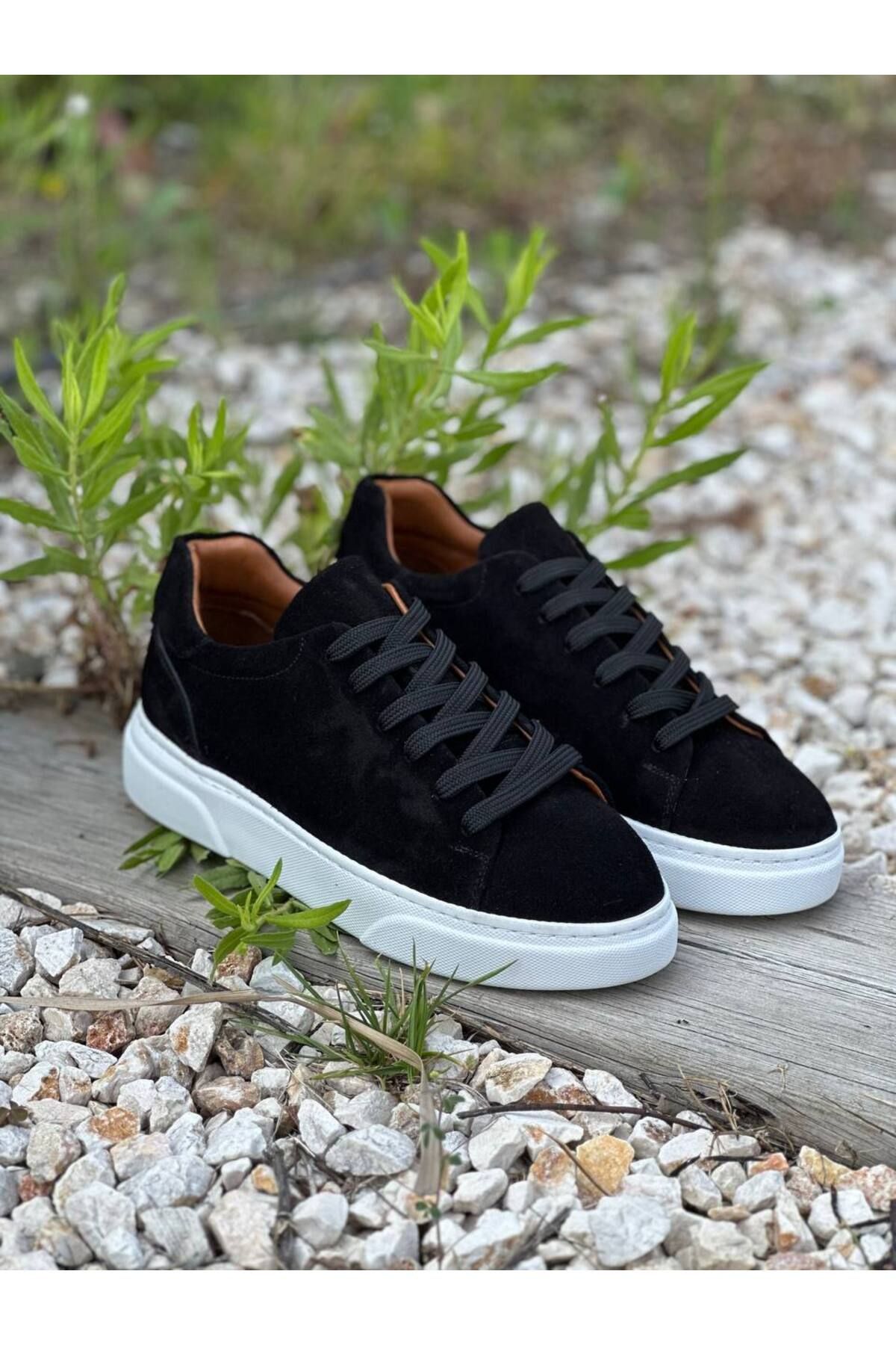 DERWARDEIN Siyah Süet Erkek Spor Ayakkabı Hakiki Deri - Günlük Sneaker Modeli
