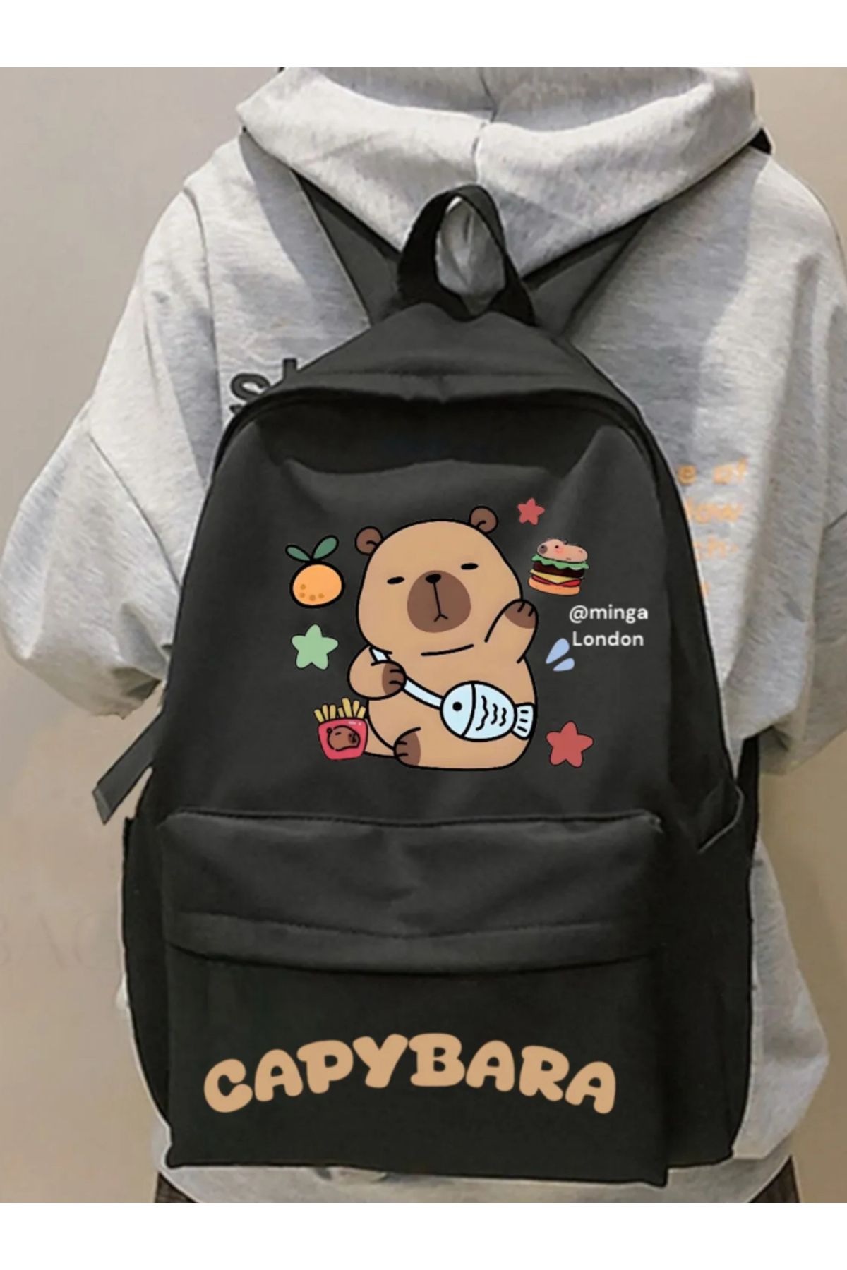 DENİKK Capybara Baskılı Siyah Siyah Laptop Okul Kurs Kamp Seyehat Gezi Günlük Kullanım Sırt Çantası