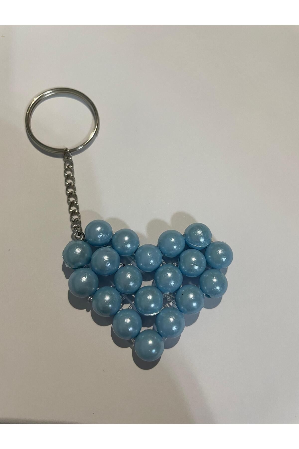HEDİYE MAĞAZASI 10 Adet İnci Boncuklu Kalp Anahtarlık mavi (8mm) Düğün, Nişan, Sünnet, Doğum Günü