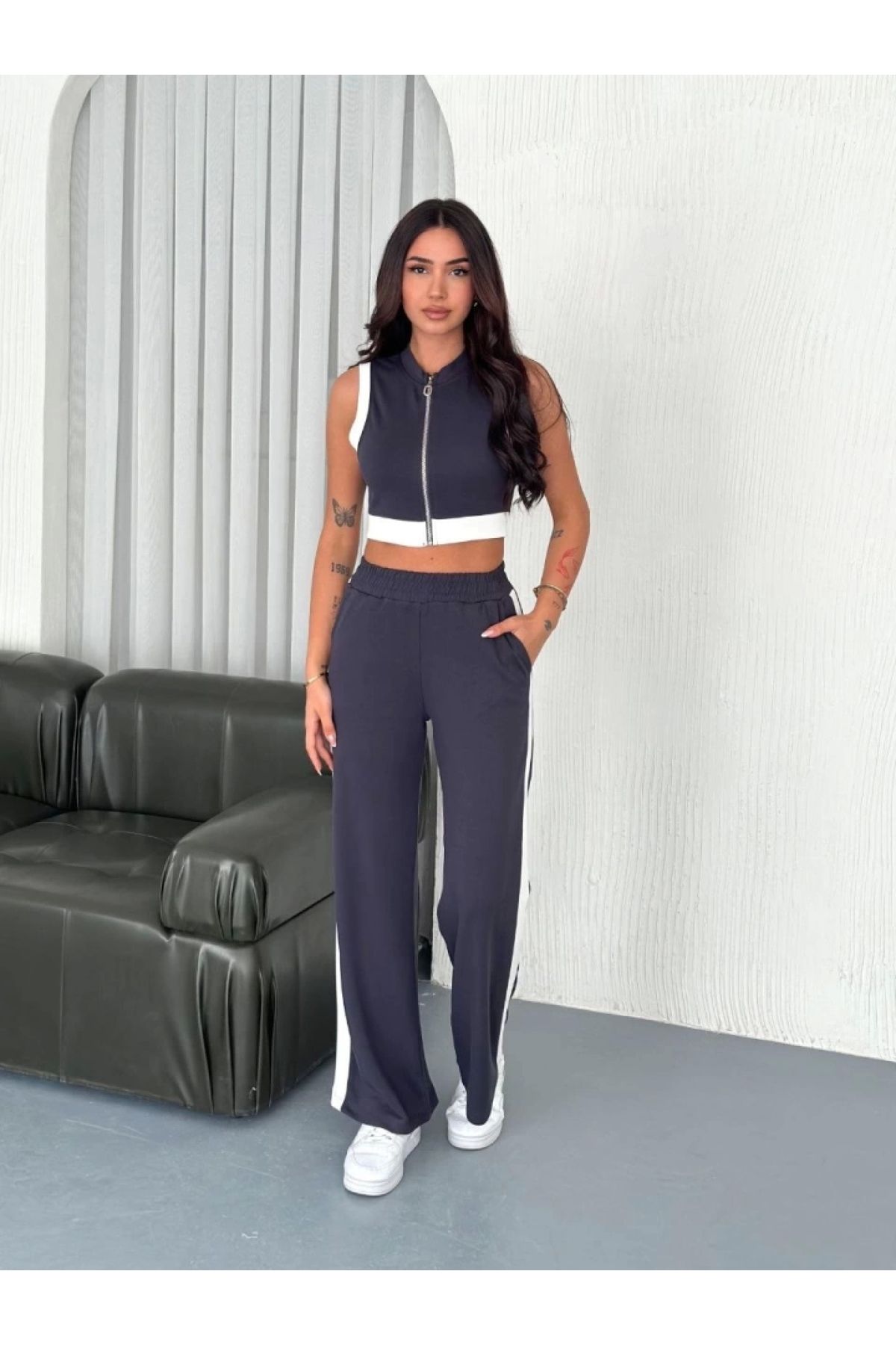 POLEXP Yumuşak Dokulu Kumaş Crop Pantolon İkili Takım - Antrasit