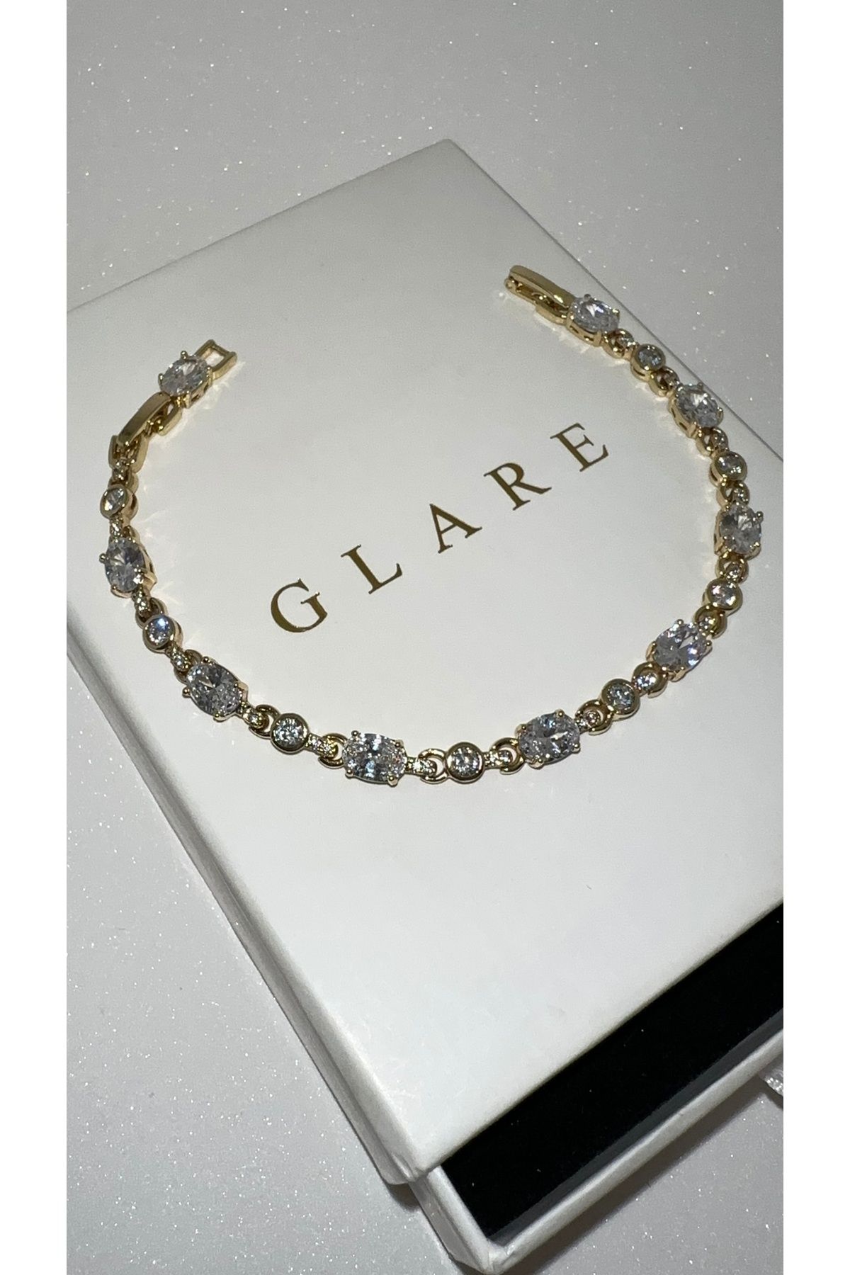 GLARE JEWELRY 14k Altın Renginde Rodyumlu Oval Taşlı Tasarım Pırlanta Modeli Zincir Çelik Bileklik 15+3cm