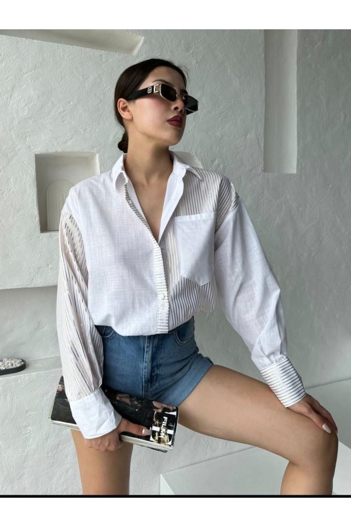 POLEXP Şık ve Rahat Oversize Çizgili Gömlek
