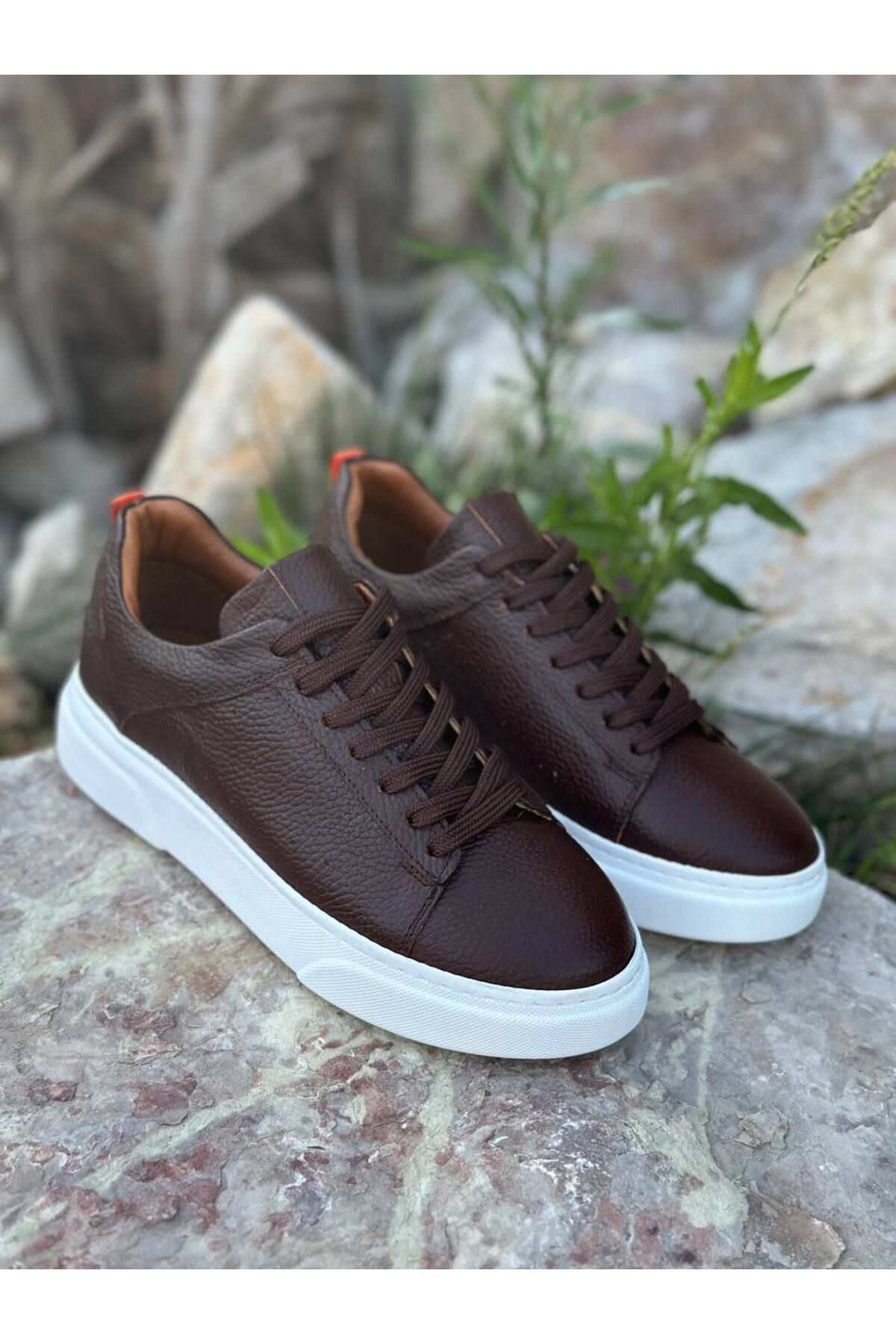 DERWARDEIN Kahverengi Erkek Spor Ayakkabı Hakiki Deri - Günlük Sneaker Modeli