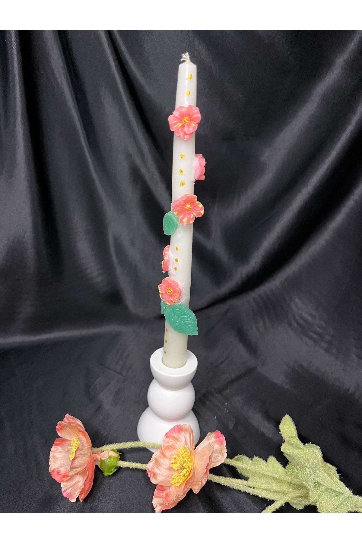 Nis Candle More Çiçek Detaylı Kabartma Desen Şamdan Mum
